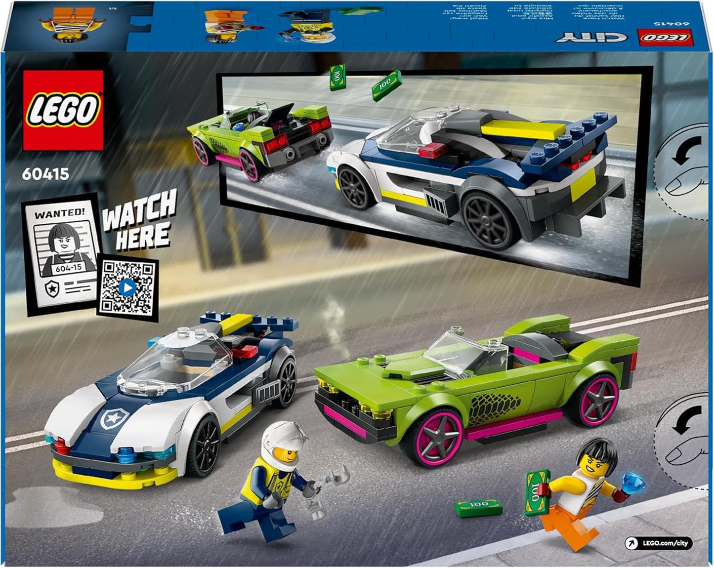 LEGO City Verfolgungsjagd mit Polizeiauto und Muscle-Car, Spielzeugeisenbahn mit 2 Rennwagen, Polizeigeschenk für Kinder, Jungen und Mädchen ab 6 Jahren, Set mit Polizist und Minifiguren Ganovin 60415 Bausets Besuchen Sie den LEGO-Store