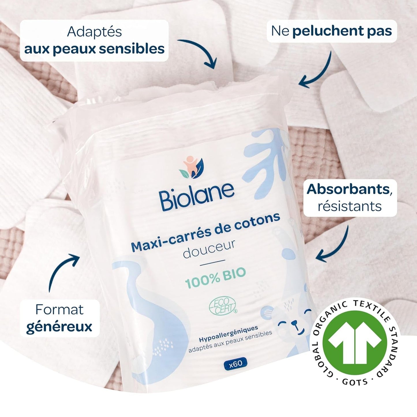 BIOLANE 12 feuchte Maxi-Squares-Einlagen – Babys – 100 % Bio – 720 Baumwolle – für empfindliche Haut – Wickel- und Toilettenartikel – ab der Geburt – hergestellt in Frankreich