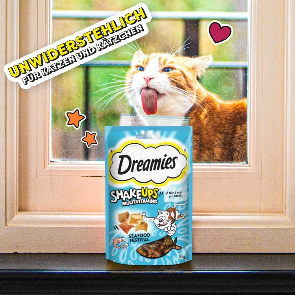 DREAMIES SHAKE UPS Multivitamin Seafood Festival Katzensnacks in Portionsbeuteln – 55 g (6 Beutel)