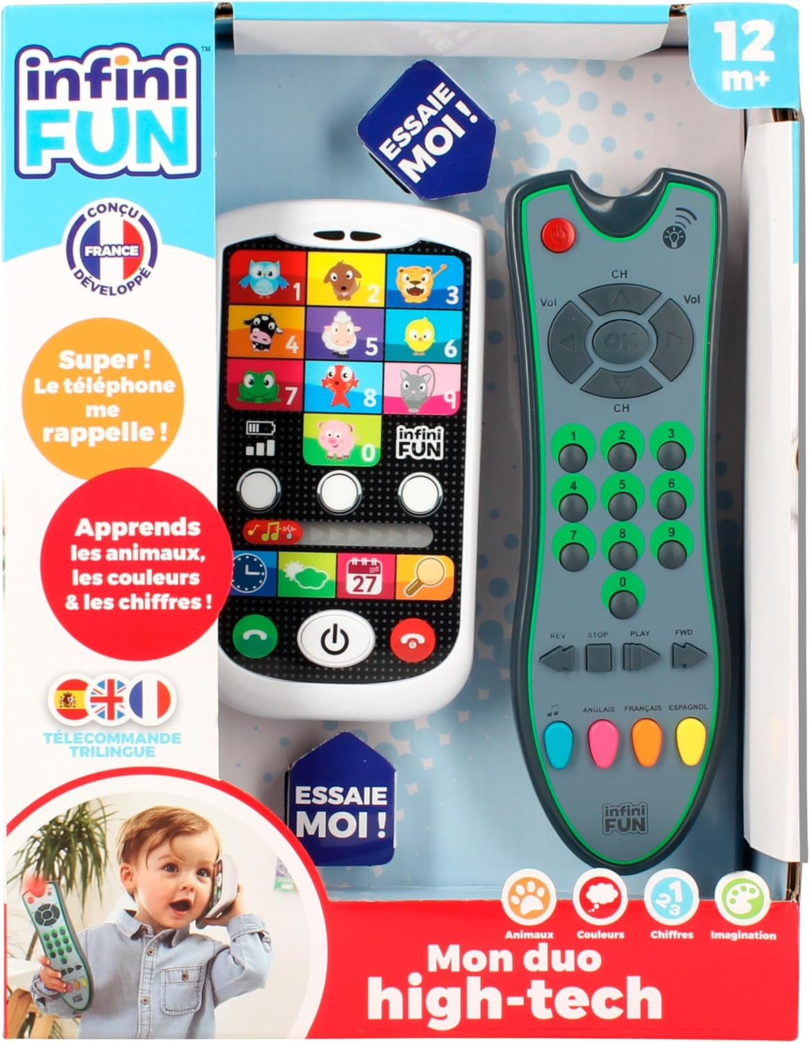 My Duo High-Tech-Telefon + Fernbedienung – 1 dreisprachige Französisch/Englisch/Spanisch-Fernbedienung und 1 ultrarealistisches Telefon – Multi-Aktivitäts-Lernspielzeug von 12 Years Old Toys Bebe Naty Shop