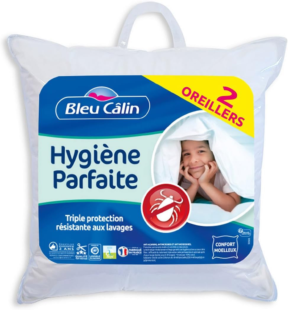 Bleu Câlin Set mit 2 rechteckigen Anti-Milben- und antibakteriellen Kissen, flauschiger Komfort, T 60 x 60 cm, 100 % Baumwolle, perfektes Hygiene-Sortiment Naty Shop Standard-Kissen