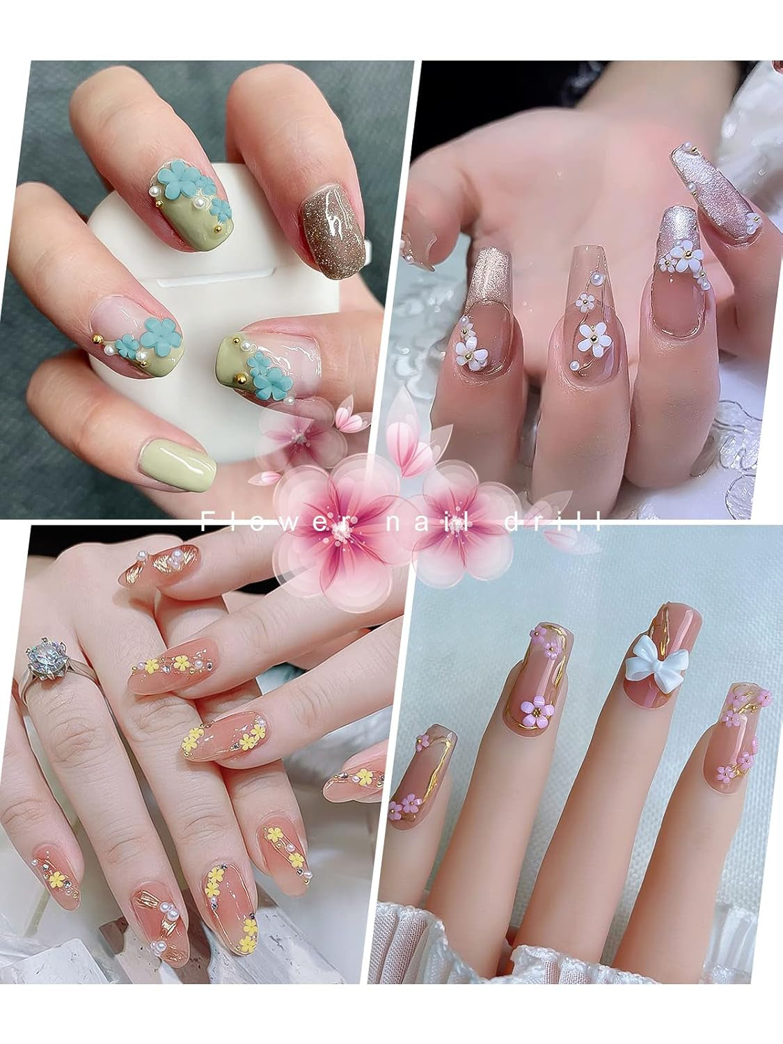 Kalolary Blumen Nail Art Charms, 3D-Acrylblumen für Nägel, fünf Blütenblätter, florale Ornamente, Nageledelsteine, Strasssteine, gemischte Metallperlen für DIY Nail Art Design, Schmuckherstellung (2 Boxen)