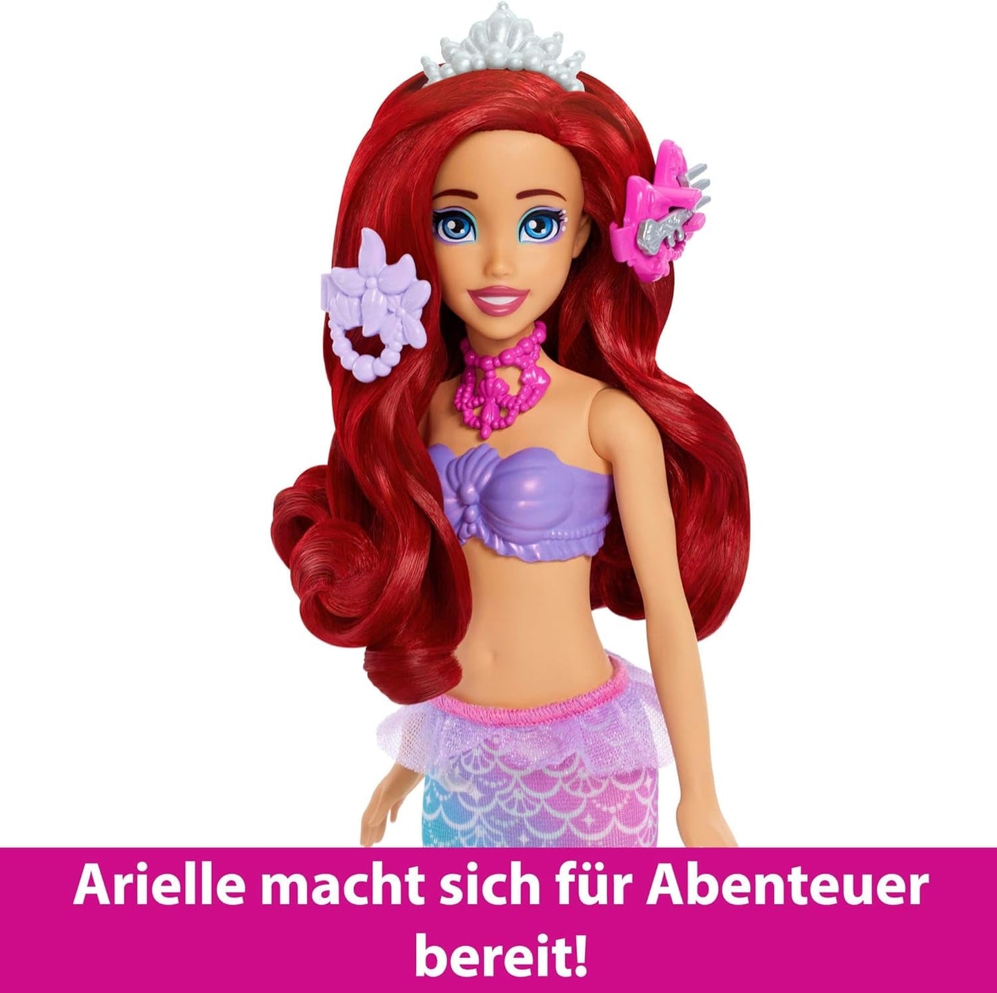 Mattel Disney Princess Toys, Meerjungfrau-Arielle-Modepuppe mit abnehmbarer Schwanzflosse, Schminktisch mit 5 wiederholbaren Pop-Up-Überraschungen und 5 Zubehörteilen, JBF86