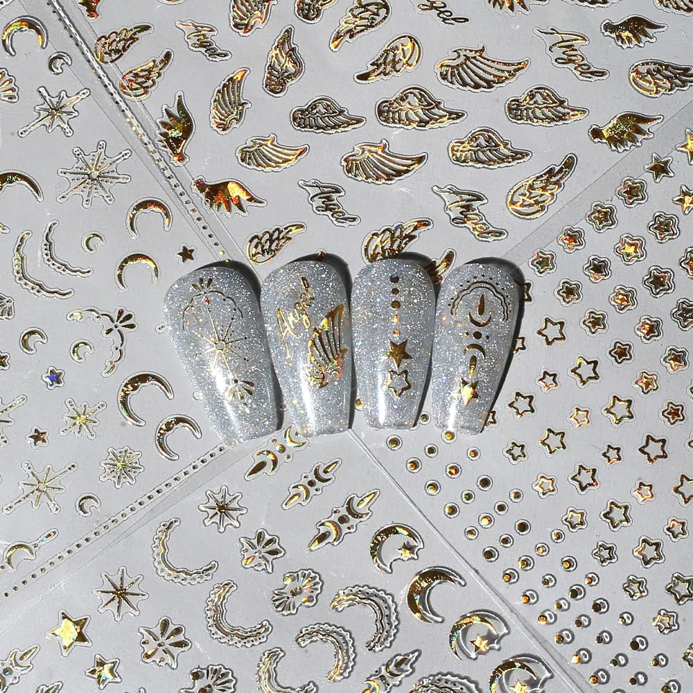 8 Blatt goldene Mond- und Sterne-Nagelkunstaufkleber, Engelsflügel, hellbraune goldene Nagelaufkleber, Sterne, Nagelfolien, selbstklebende Nagelaufkleber, Nageldesign-Zubehör, Nagelaufkleber