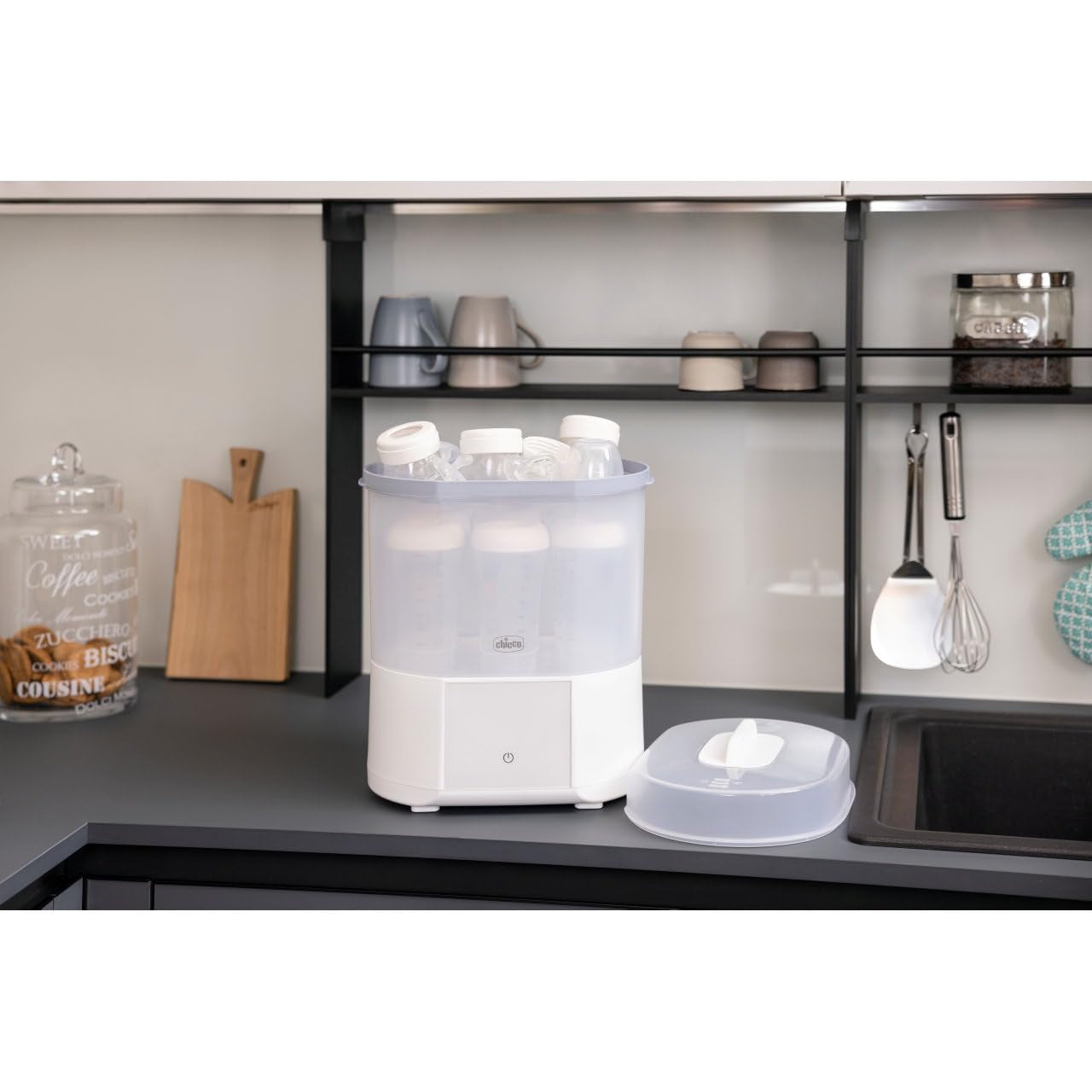 Modularer Chicco-Sterilisator mit Trocknungsfunktion, Babyflaschen-Sterilisator, Beißring und Schnuller mit automatischem Stopp, mikrowellengeeignet, geeignet zum Sterilisieren von bis zu 6 330-ml-Flaschen