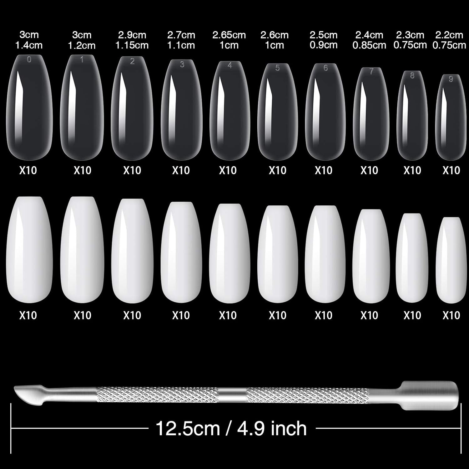 200 Stück künstliche Nagelspitzen, 10 Größen, Acryl, künstliche Nägel mit Nagelhautschieber und transparenter Box für Frauen und Mädchen (natürlich und transparent)