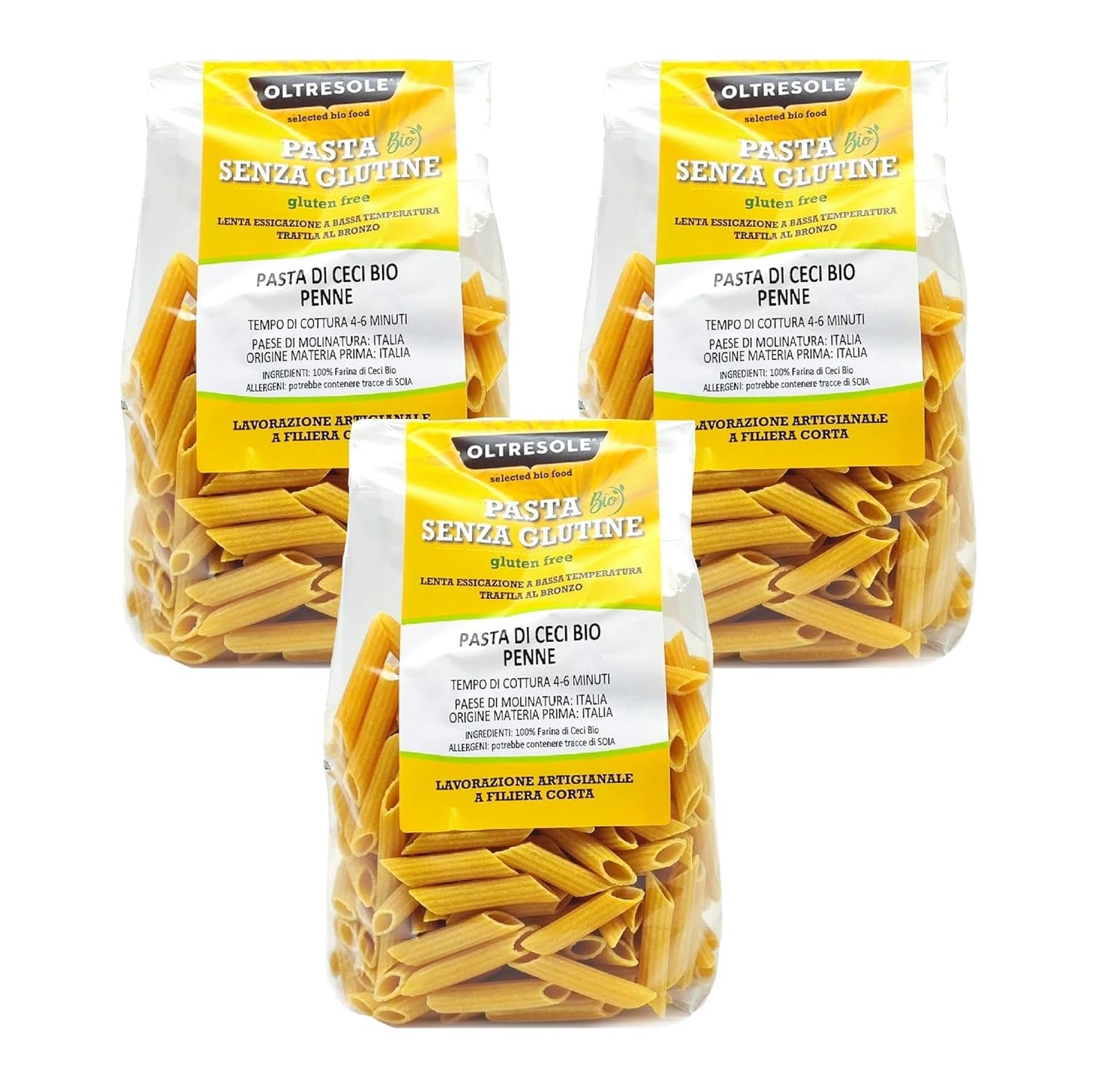 Italienische Bio-Kichererbsen-Penne-Nudeln, 100 % Bio-Kichererbsenmehl, Proteinnudeln, ballaststoffreich, vegan, glutenfrei, 3er-Pack x 350 g