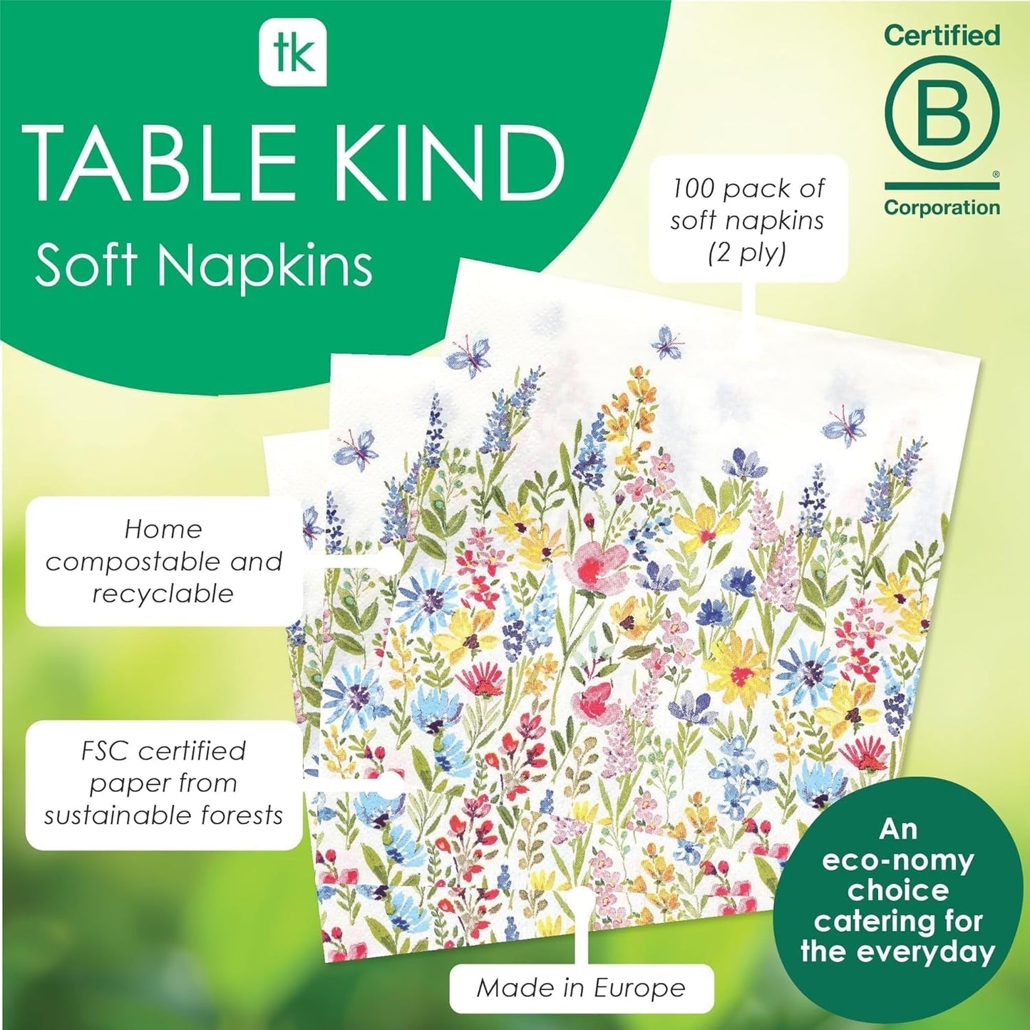 Talking Tables Table Kind Einwegservietten, weiche Papierservietten, Einwegservietten mit Blumenmuster, für Hochzeiten oder den täglichen Gebrauch, umweltfreundlich, kompostierbar, recycelbar