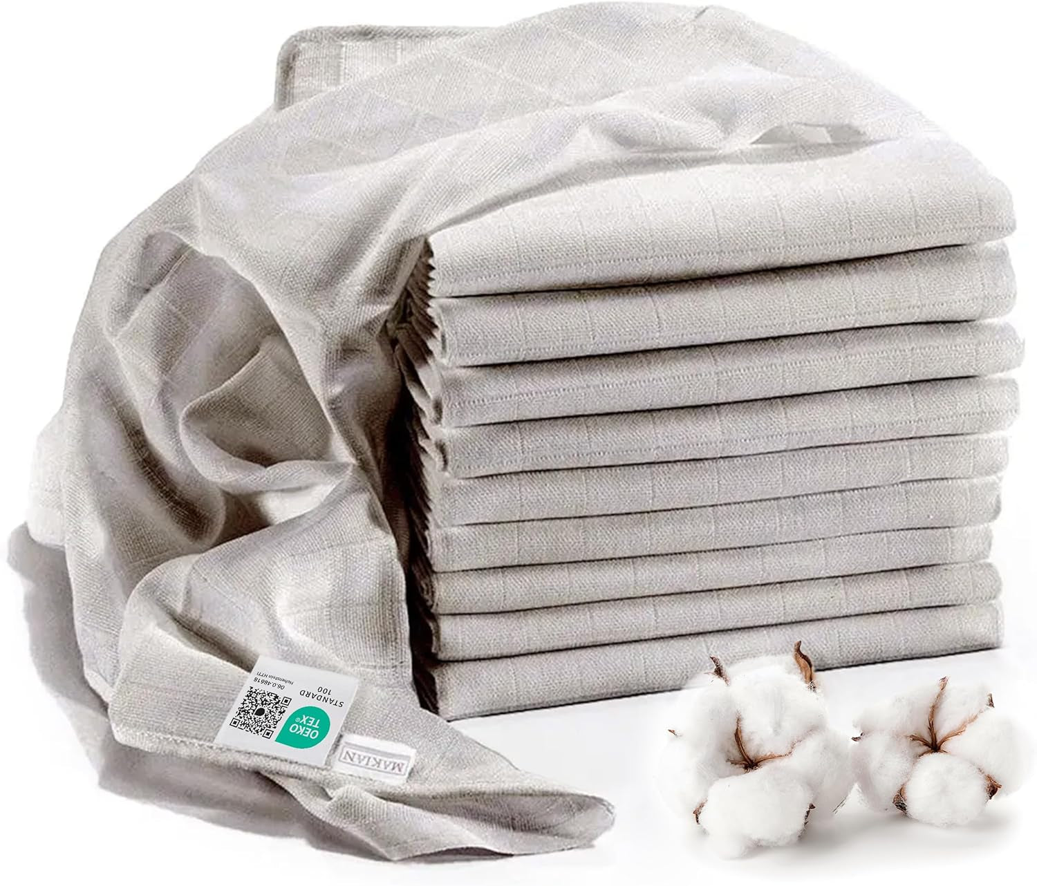 MAKIAN Musselin-Quadrate, 10 Stück, 80 x 80 cm, Öko-TEX® Standard 100 zertifiziert, 10 Premium-Spucktücher – doppelt gewebte Stoffquadrate/Musselin-Quadrate, kochfest – Weiß