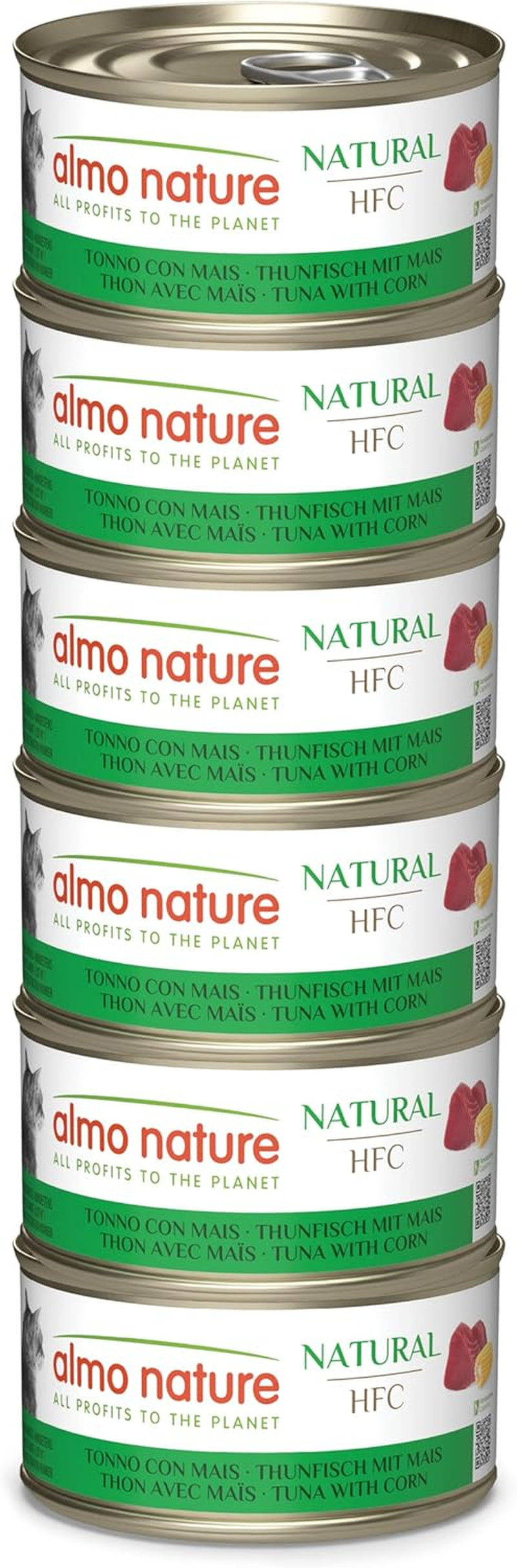 Almo Nature HFC Natural – Nassfutter für erwachsene Katzen – Thunfisch und Mais – menschliche Qualität, glutenfrei – 6 x 70 g