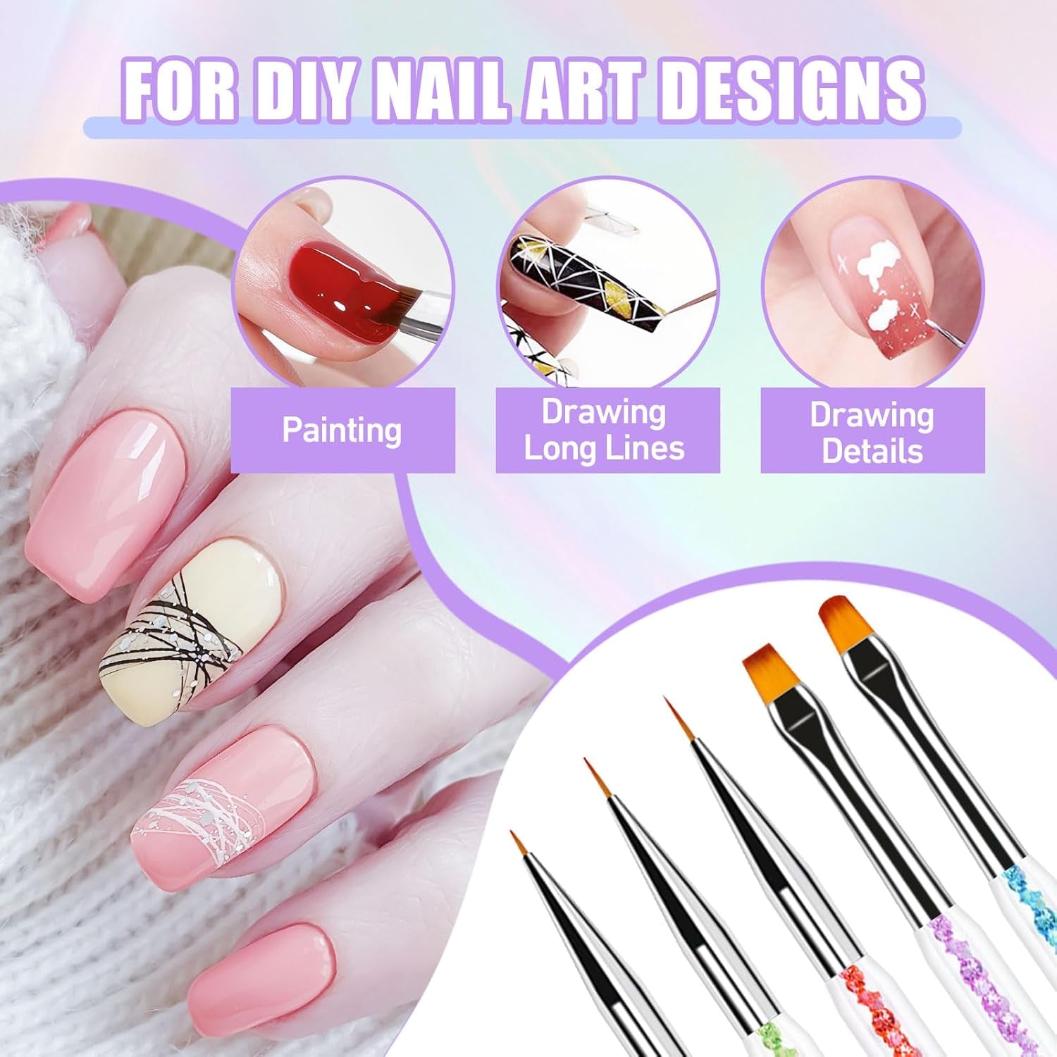 Sularpek 6 Stück Nagel Pinsel, Nail Art Pinsel, Pinsel Nageldesign, Nagel Pinsel Set, Nail Art Dotting Tools Mit 1 Schwammpinsel Applikator, Nageldesign Zubehör Für DIY Nail Art Design