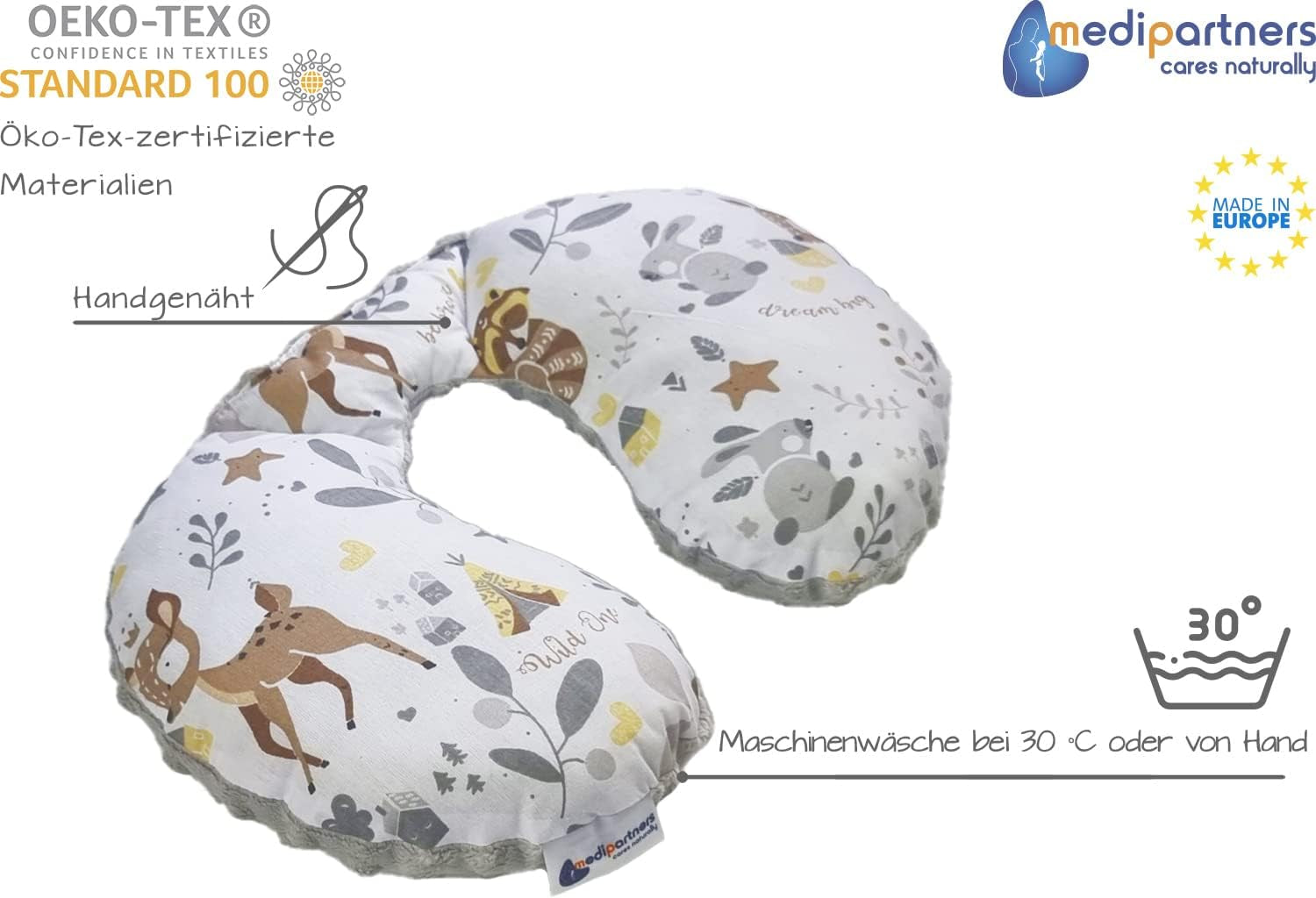 Medi Partners Baby-Nackenkissen, Nackenstütze, 100 % Baumwolle/Minky, Baby-Nackenkissen für Auto, Kinderwagen, Reisen, Reisen, Schlafen, Nackenkissen, Schlummerrolle (REH mit grauem Minky), orthopädische Zervikalkissen, Naty Shop