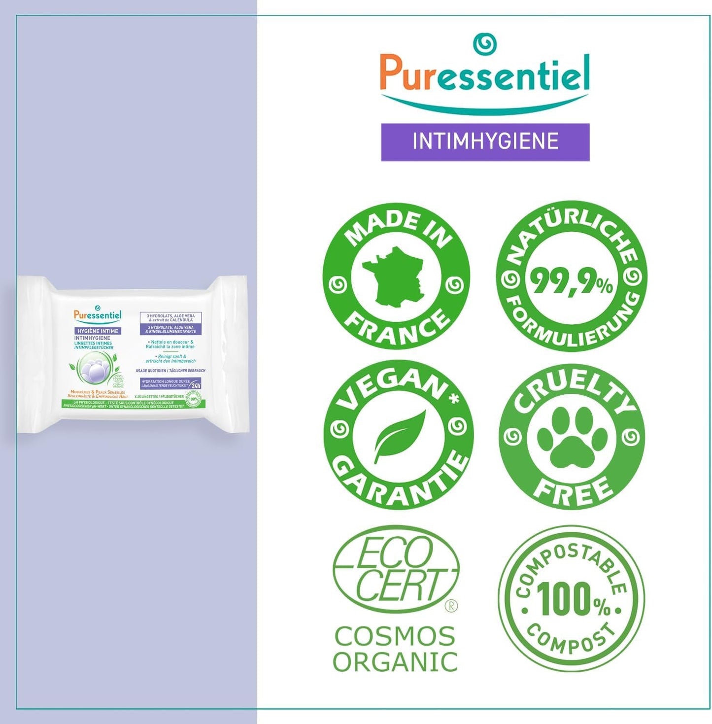 Puressentiel - Intimhygiene - Intimtücher - Reinigend und erfrischend - Empfindliche Schleimhäute und Haut - Langanhaltende Feuchtigkeitsversorgung 24 Stunden - Für den täglichen Gebrauch - X25 Stck.