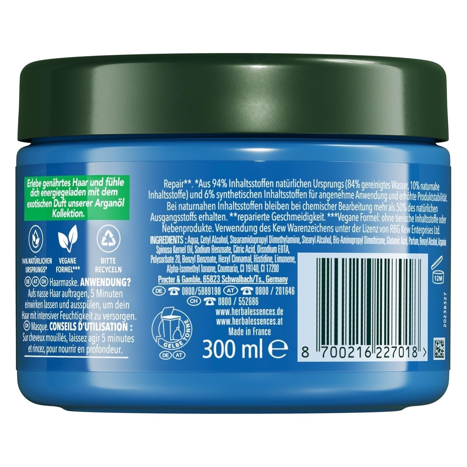 Herbal Essences Haarreparaturmaske mit Arganöl 300 ml. Von geschädigtem Haar bis hin zu glatterem und glänzenderem Haar. Intensivpflege. Mit Inhaltsstoffen natürlichen Ursprungs. Vegane Haarmaske von Naty Shop