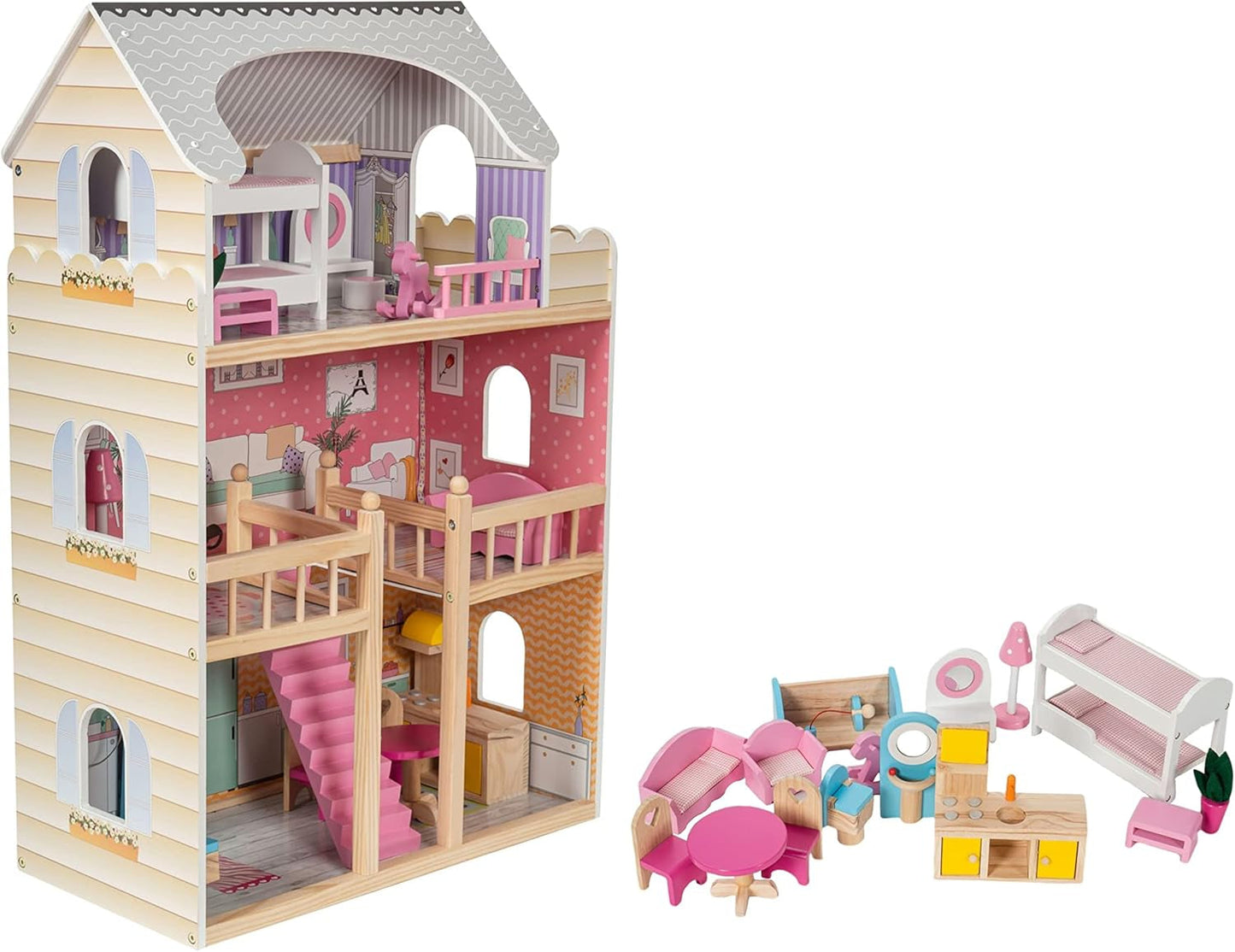A405 LED-beleuchtetes Puppenhaus – 3 Etagen und Möbelset – Spielhaus aus Holz inklusive Zubehör: Küche, Badezimmer, Schlafzimmer – Geschenk für Mädchen ab 3 Jahren. Puppenhäuser Naty Shop Standardtitel