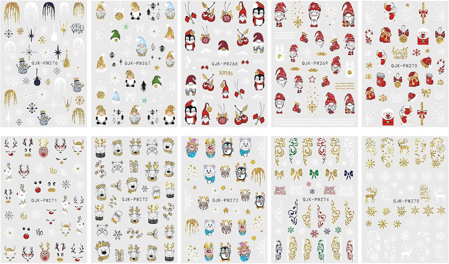JMEOWIO Nagelsticker Weihnachten 10 Blatt Nail Art Sticker Selbstklebend Nagelaufkleber Glitter Schneeflocke Xmas Winter Urlaub Gold Dekoration Nageldesign Zubehör