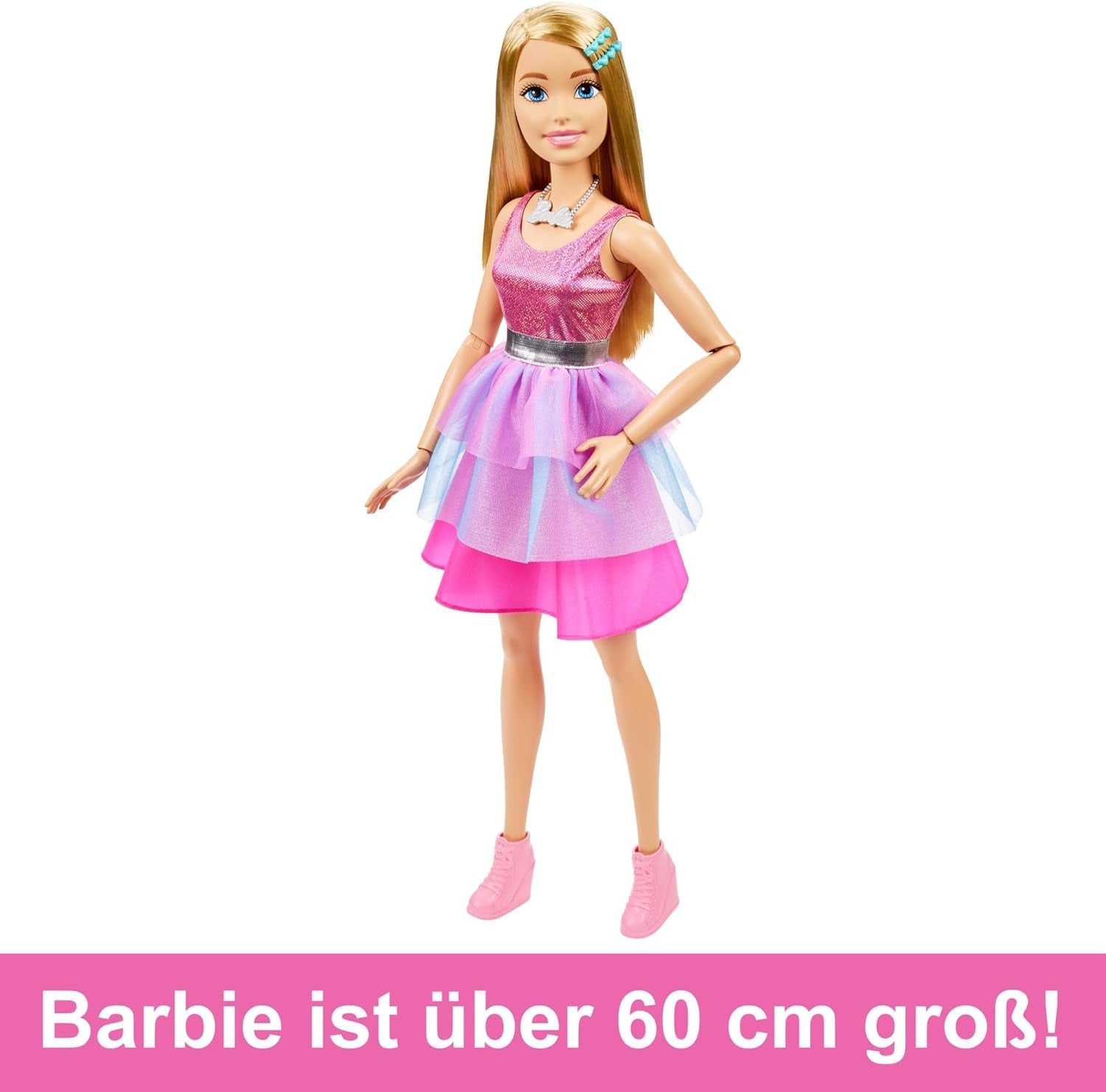 Barbie-Puppe, extragroß (71 cm), rosa Kleid, blondes Haar mit Clip und Halskette, Geschenk für Kinder ab 3 Jahren, HJY02