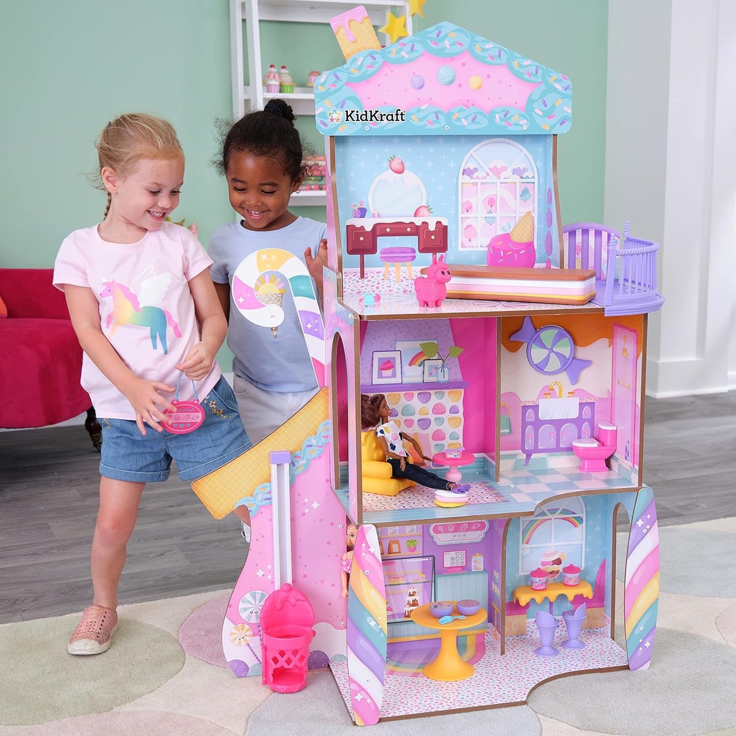 Kidkraft Candy Castle Puppenhaus aus Holz mit Möbeln und Zubehör, Lama-Einhorn-Figurenhaus, Eiskuchen-Lift und Gummistuhl für Puppen, Spielzeug für 3-Jährige, 20242 Naty Shop Puppenhäuser