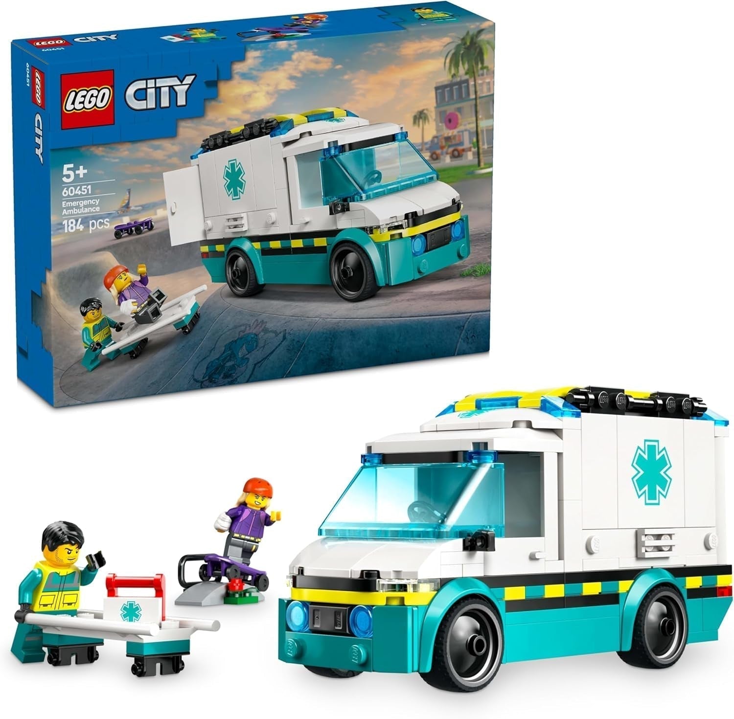 LEGO City Krankenwagen – Spielzeug mit 2 Minifiguren (Skateboarder und Fahrer) – Lernspielzeug für Jungen und Mädchen ab 5 Jahren – Geburtstags- und Weihnachtsgeschenkideen 60451 Bausätze Besuche den LEGO-Store Standardtitel
