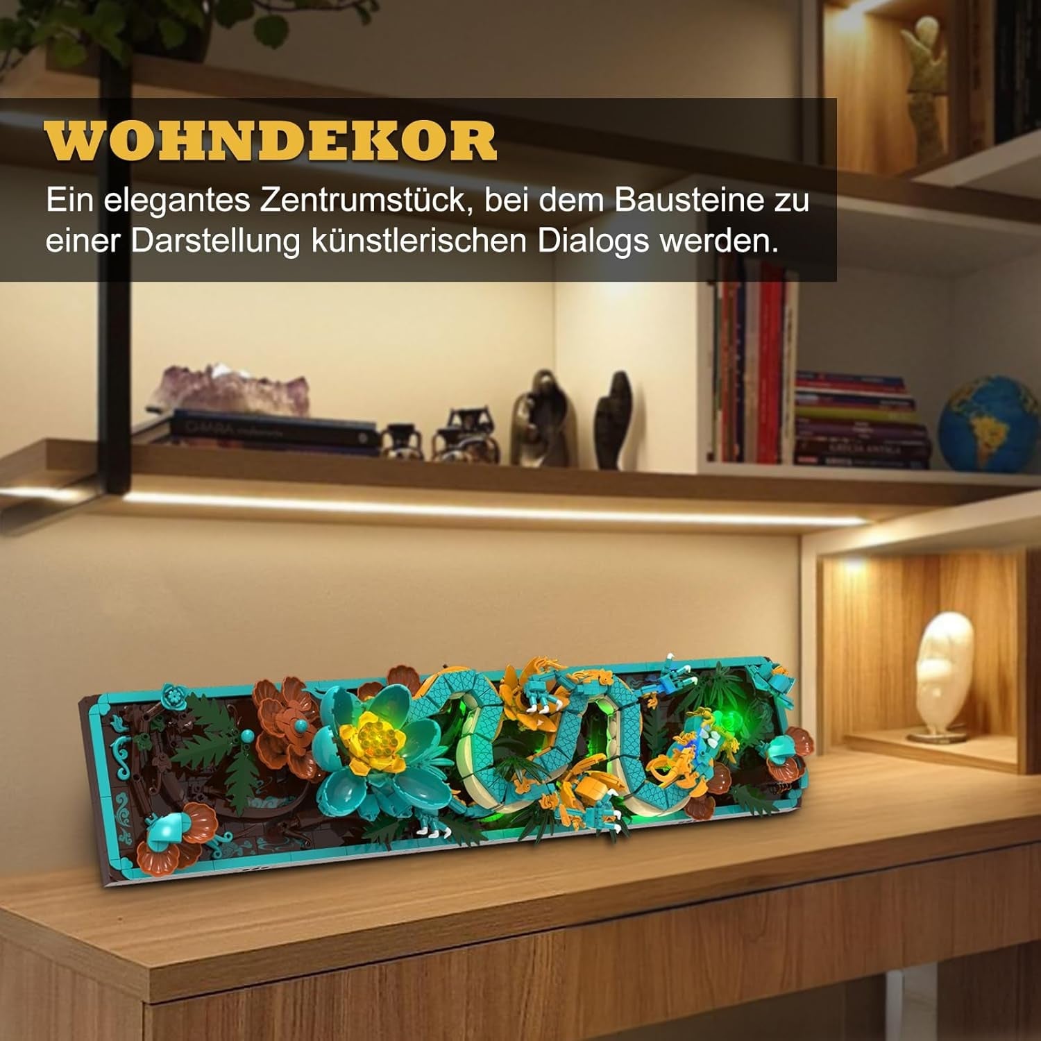 Mythischer Drache-Fliesenbausatz für Erwachsene, 3D-Göttliches Loong-Kunstbauspielzeug mit LED-Lichtern und Blumen, DIY-Drachen-Relief-Modellbausatz, kreative Geschenke und Dekorationen (1676 Teile)