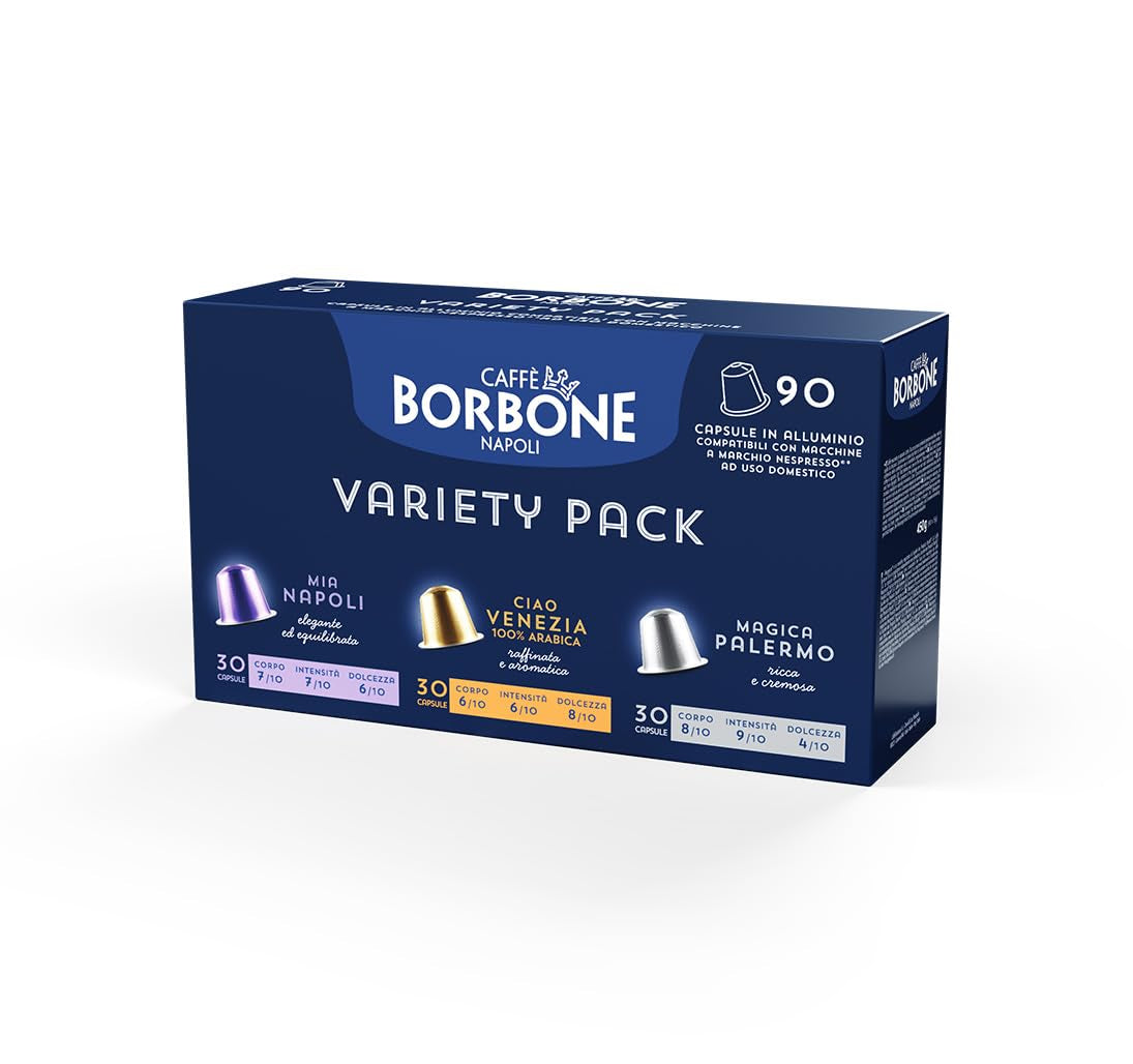 Caffè Borbone Verkostung Kit, 90 Aluminiumkapseln: 30 Mia Napoli, 30 Ciao Venezia, 30 Magica Palermo, (3 x 30 Stück) – Kompatibel mit Kaffeemaschinen für den Hausgebrauch der Marke Nespresso®*