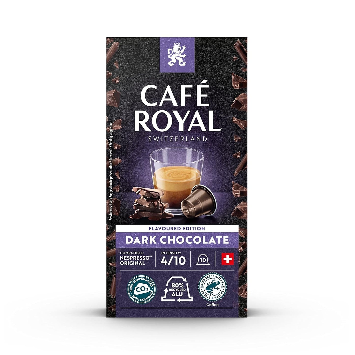 Café Royal Dark Chocolate Flavoured 100 Kapseln für Nespresso Kaffee Maschine – 4/10 Intensität – UTZ-zertifiziert, aus Aluminium & Lungo 36 Kapseln für Nespresso Kaffee Maschine – 4/10 Intensität