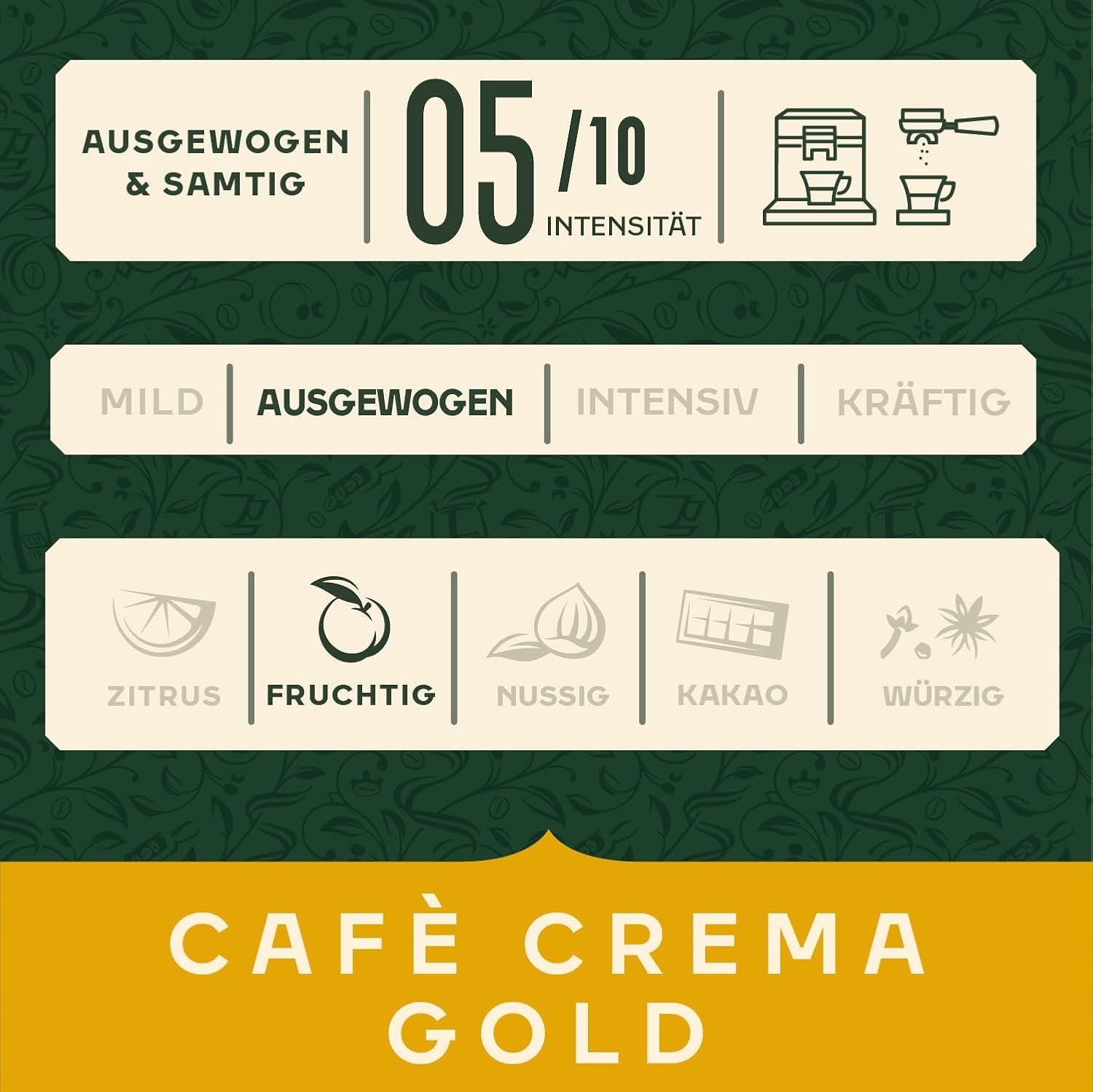 Jacobs Café Crema Gold Kaffeebohnen 1 kg – vollmundig, aromatisch, fruchtige Noten, Arabica- und Robusta-Bohnen, Intensität 5/10, ideal für Café Crema. Naty Shop