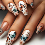 24 Stück lange Nägel zum Aufdrücken, Sarg, künstliche Nägel, Schmetterlingsblume, selbstklebende Nägel, weiß, braun, Acryl-Nagelset, Nagelspitzen, Damen, Frühling, Sommer, Nagelzubehör