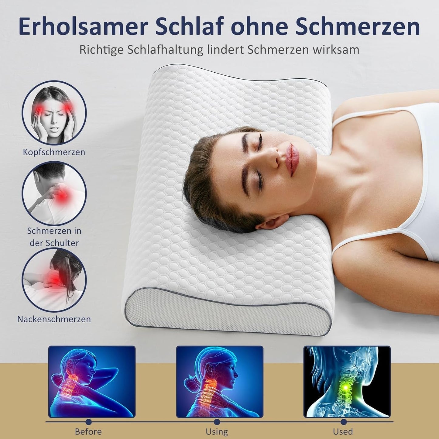 BedStory Memory Foam-Kissen, höhenverstellbares Nackenstützkissen, ergonomisches Kissen, Seitenschläferkissen für Rücken- und Bauchschläfer (60 x 36 x 12/10 cm)