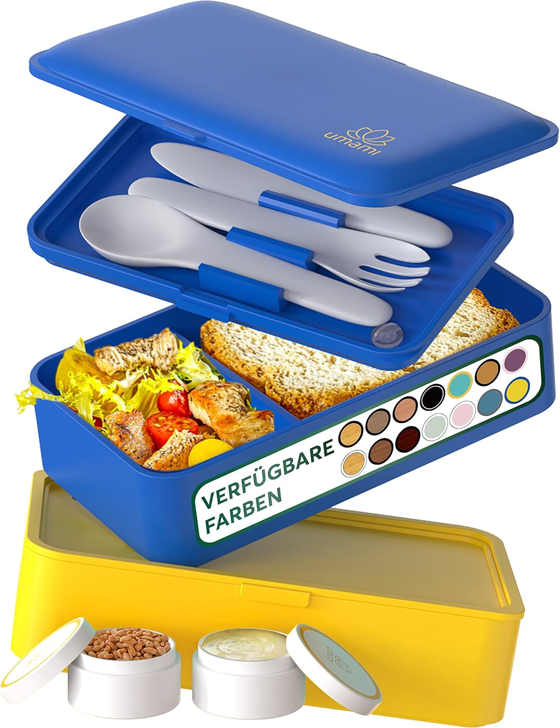 Umami Lunchbox für Erwachsene, stapelbare Bento-Box mit 4 Besteck und Fächern, Lunchbox für Erwachsene, To-go-Salatbehälter, Picknick-/Büro-Lunchbox, Anthrazitgrau, 1500 ml. Naty Shop Lebensmittelaufbewahrungsboxen Goldblau L – 1200 ml