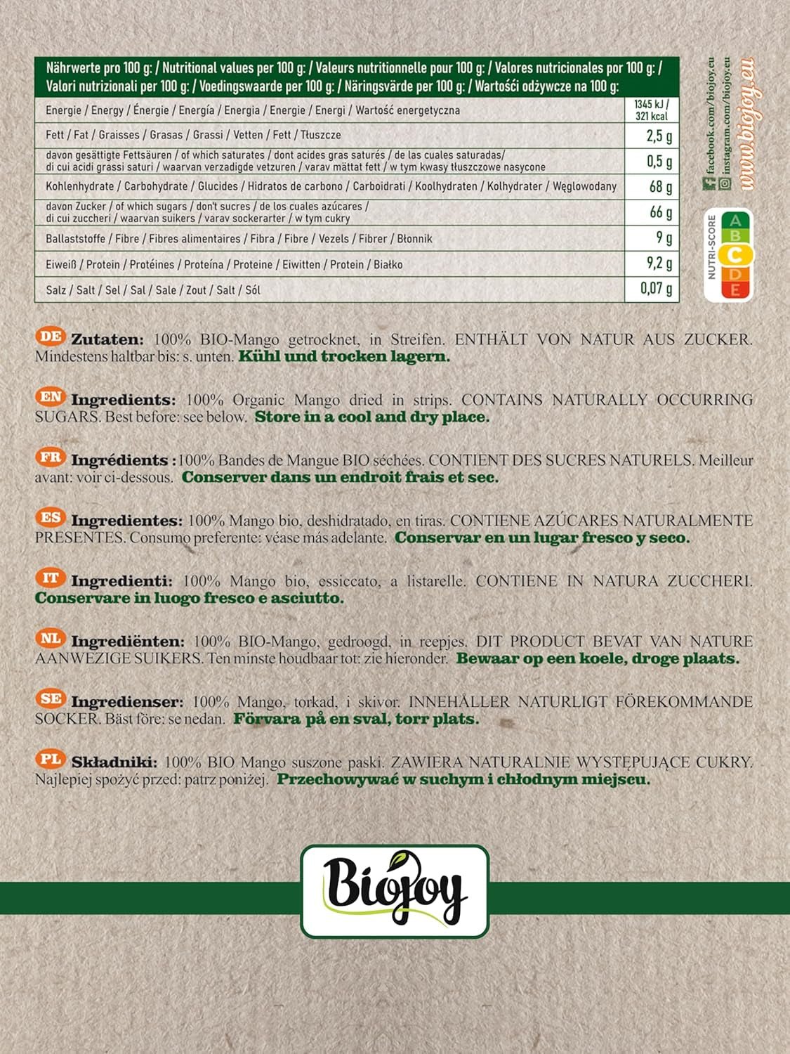 Biojoy BIO getrocknete Mango (1 kg), ungeschwefelte Naty Shop dehydrierte Produkte