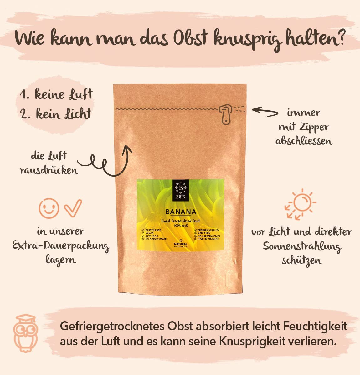 BRIX gefriergetrocknete Bananen | Natürliche Bananen, getrocknet 140 g | Great Taste Award für Trockenfrüchte, getrocknet | GVO-frei, glutenfrei, vegan, konservierte Vitamine Naty Shop dehydrierte Produkte