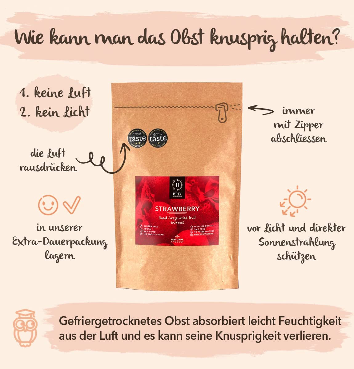 BRIX gefriergetrocknete Erdbeeren | Natürliche Erdbeeren 75 g | Great Taste Award für getrocknete, gefriergetrocknete Früchte | GVO-frei, glutenfrei, vegan, ohne Vitamine. Naty Shop dehydrierte Produkte