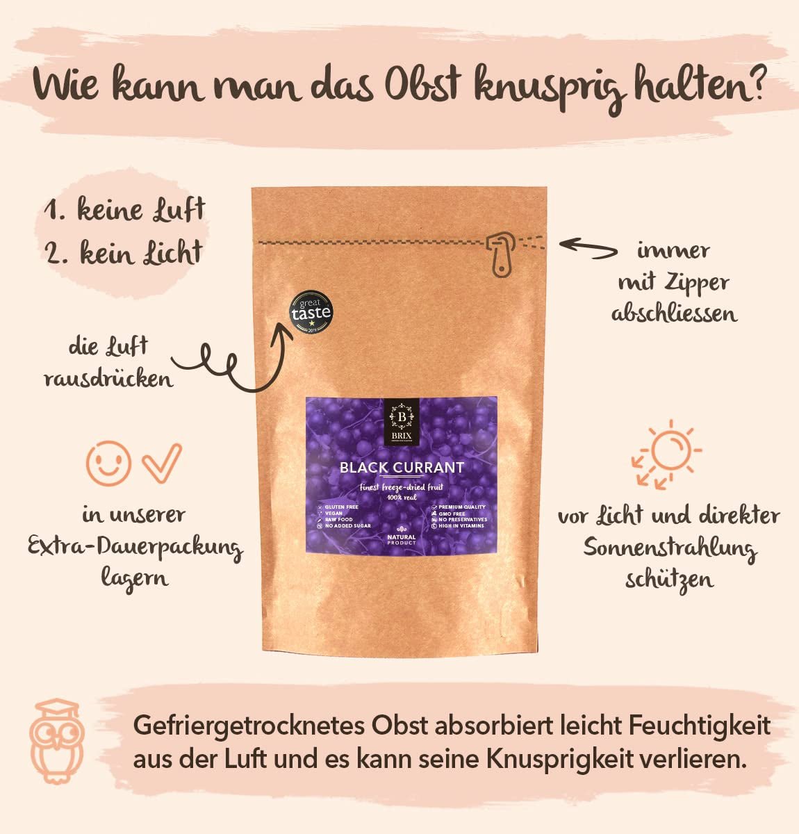 BRIX Getrocknete schwarze Johannisbeeren | Getrocknete schwarze Johannisbeeren 105 g | Great Taste Award, getrocknete schwarze Johannisbeeren | GVO-frei, glutenfrei, vegan, ohne Vitamine. Naty Shop dehydrierte Produkte