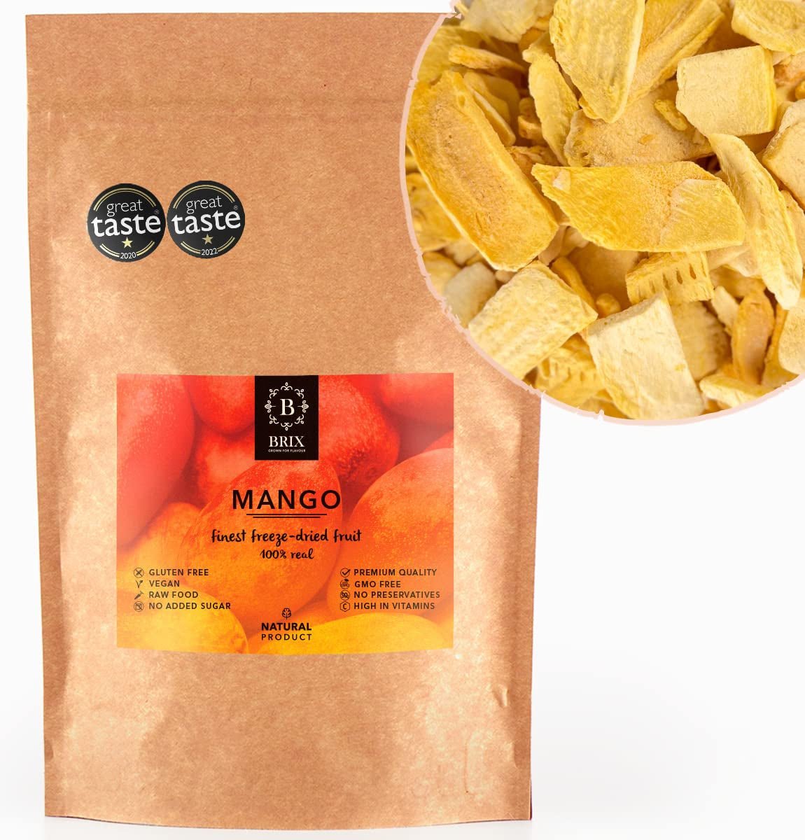 BRIX Gefriergetrocknete Mango | Natürliche, getrocknete Mangoscheiben 95 g | Great Taste Award Trockenfrüchte, gefriergetrocknete Mango | GVO-frei, glutenfrei, vegan, ohne Vitamine Naty Shop Dehydrierte Produkte Standardtitel