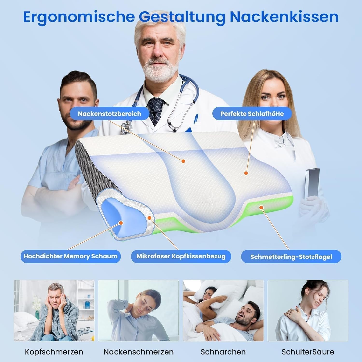 PHYSEN Orthopädisches Kissen, Nackenkissen, Nackenstützkissen, Memory-Schaum-Kissen, ergonomisches Nackenschmerzkissen, Schlafkissen, Anti-Schnarch-Kissen für Seiten, Rücken und Bauch (62 x 34 x 11,6,5 cm). Orthopädische Halskissen von Naty Shop