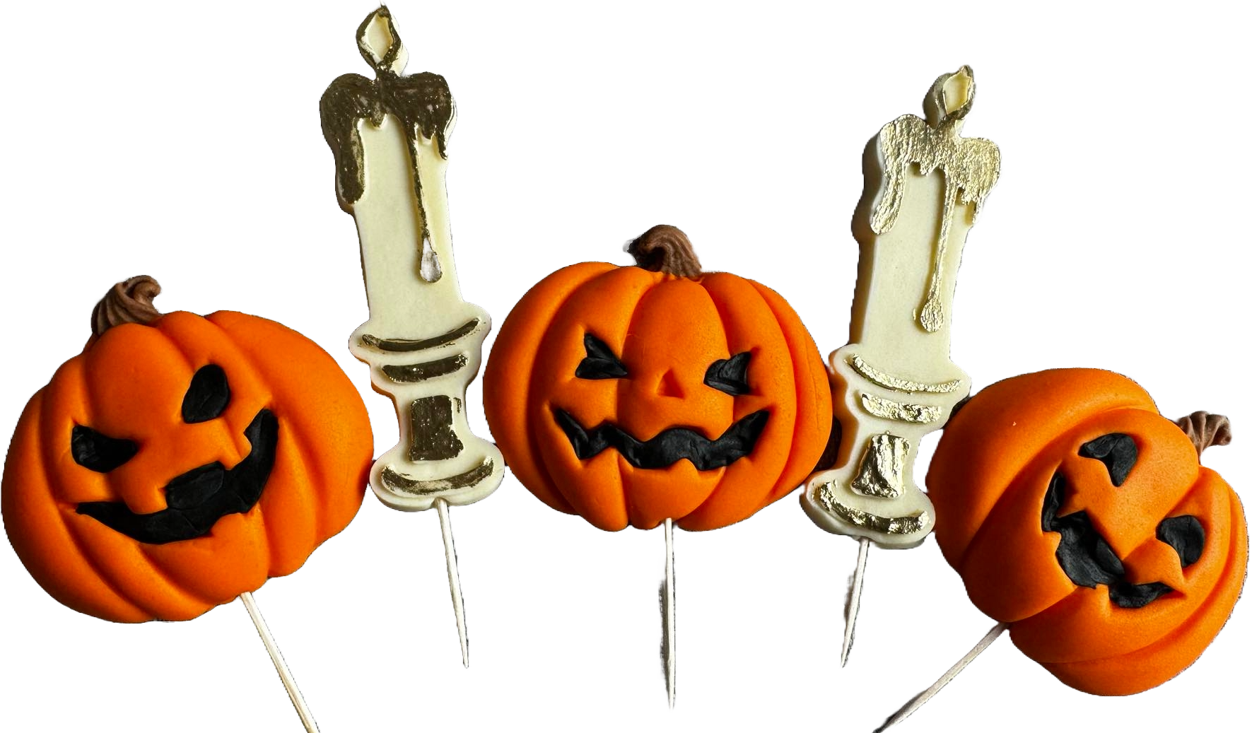 Set mit 5 essbaren Dekorationen aus Zuckerpaste, Halloween, Kürbisse und Kerzen. Dekorationen aus Zuckerpaste, Naty Shop