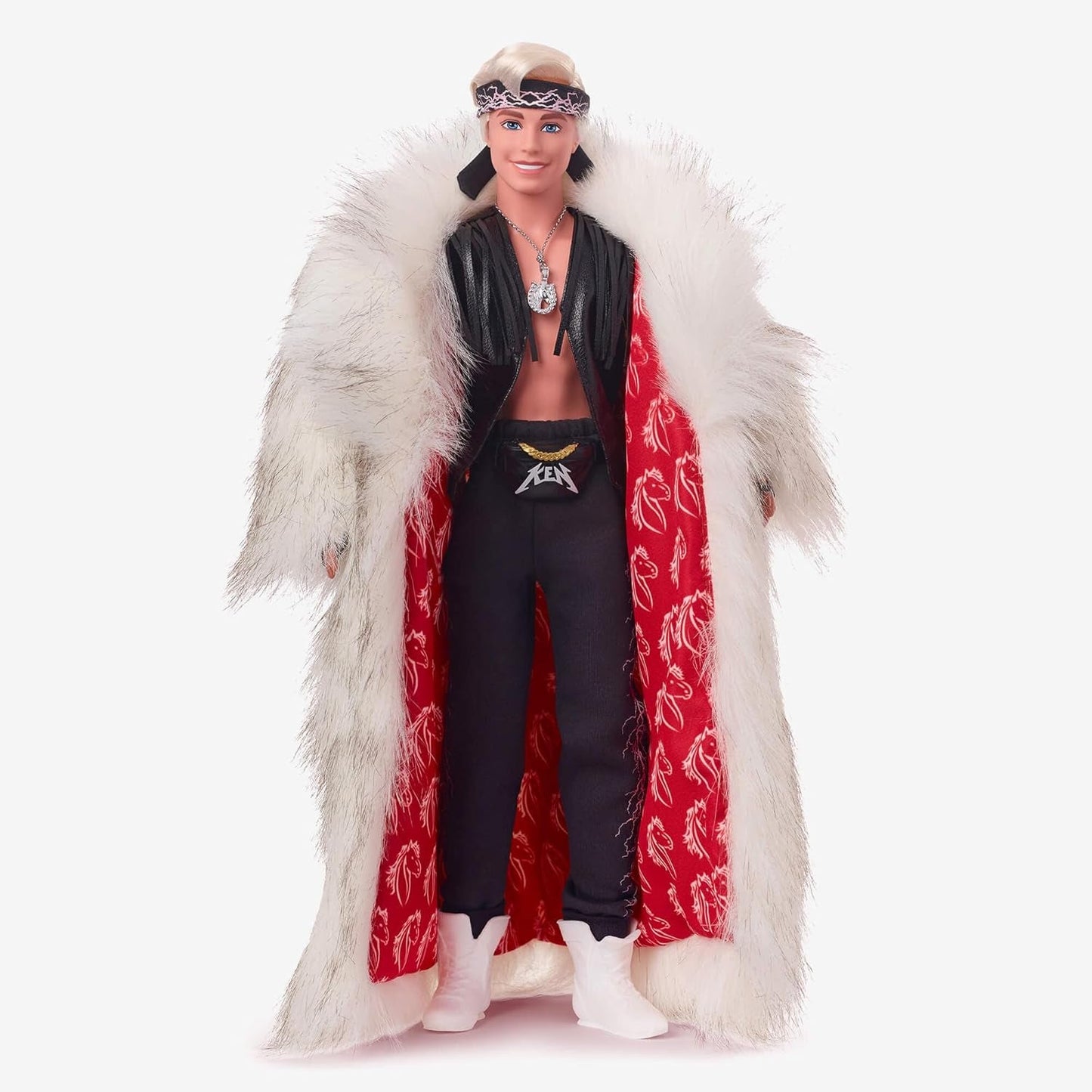 Barbie The Movie-Sammlerpuppe Ken mit großem Kunstpelzmantel und schwarzer Fransenweste mit Bandana, HRF31