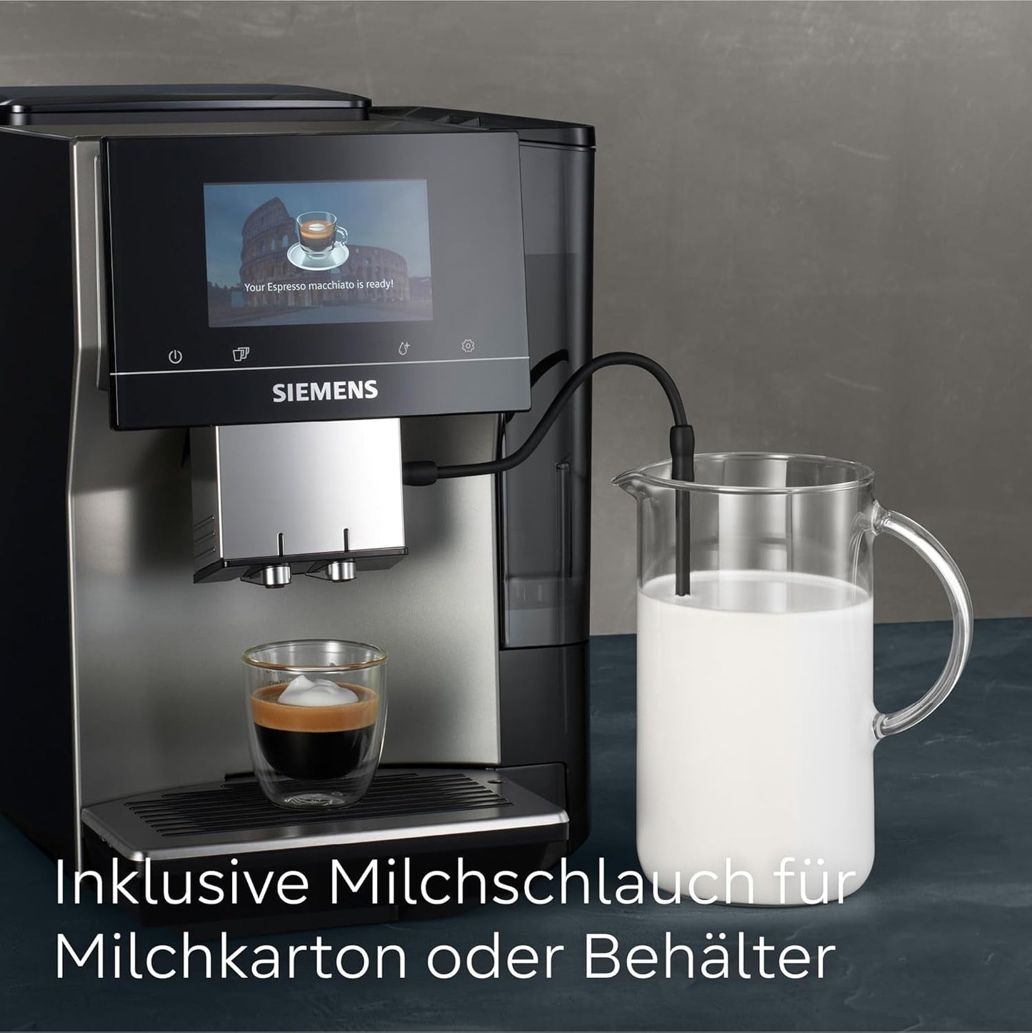 Automatische Espressomaschine Siemens EQ700 classic TP715D01, App-Steuerung, Cold Brew, intuitives Touch-Display, bis zu 10 individuelle Kaffeekreationen als Favoriten, automatische Dampfreinigung, 1500 W, silbergrau