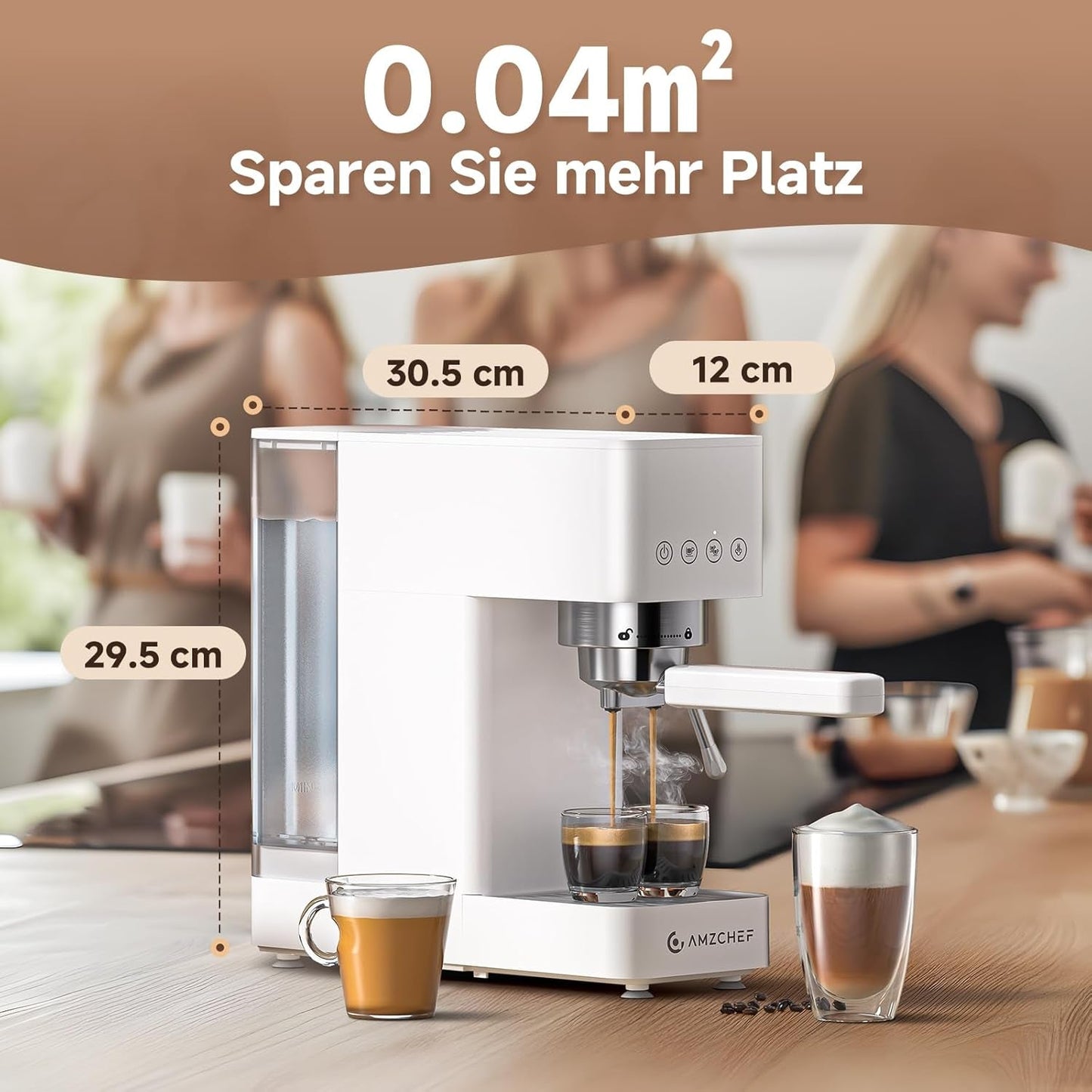 AMZCHEF 20-Bar-Espressomaschine, LED-Anzeige, professioneller Milchaufschäumer und Dampflanze aus Edelstahl, 1,5 l abnehmbarer Tank, 1350 W schnelles Aufheizen, Weiß