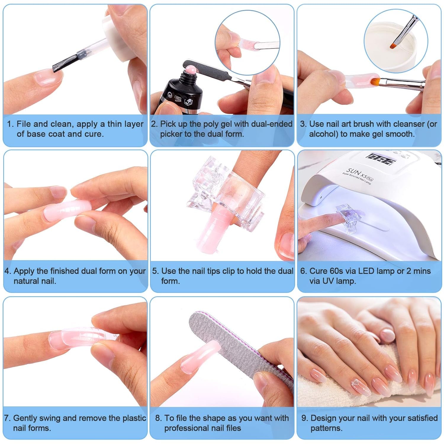 120-teiliges Nagelform-Set, Nagelverlängerungen, Gel-Nagelformen, Nagelform-Set mit Doppelkopfbürste und Nagelfeile mit Clips, für Gelnägel