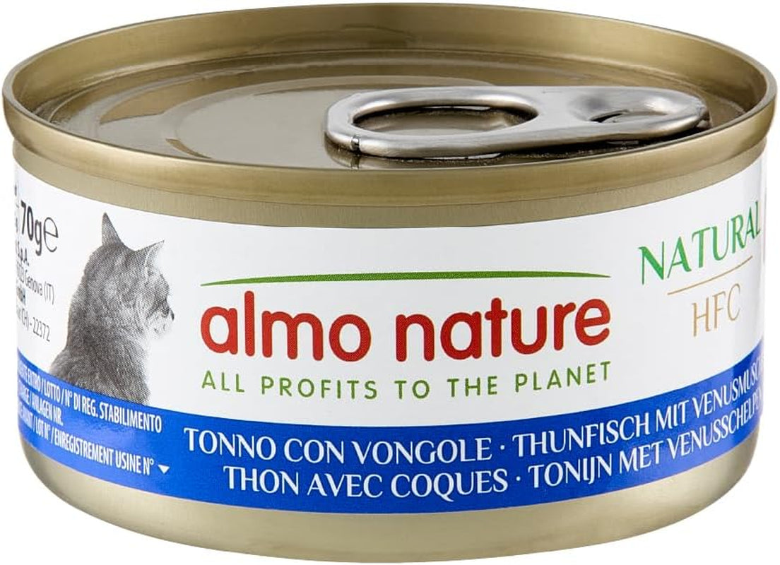 Almo Nature HFC Natürliches Nassfutter für Katzen – Thunfisch mit Muscheln, 24er-Pack (24 x 70 g)