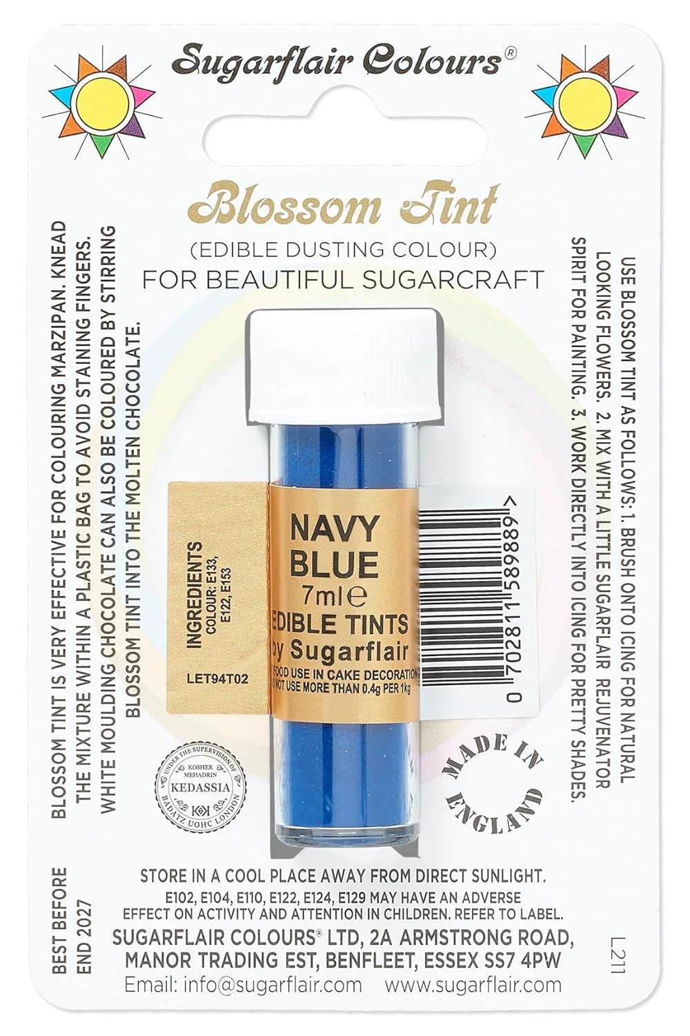 Lebensmittelfarbpulver Sugarflair Blossom Tint Dusting, Marineblau – Lebensmittelfarbpulver zum Dekorieren von farbiger Zuckerpaste, Fondant, Glasur, Schokolade, Buttercreme, Makronen – 7 ml