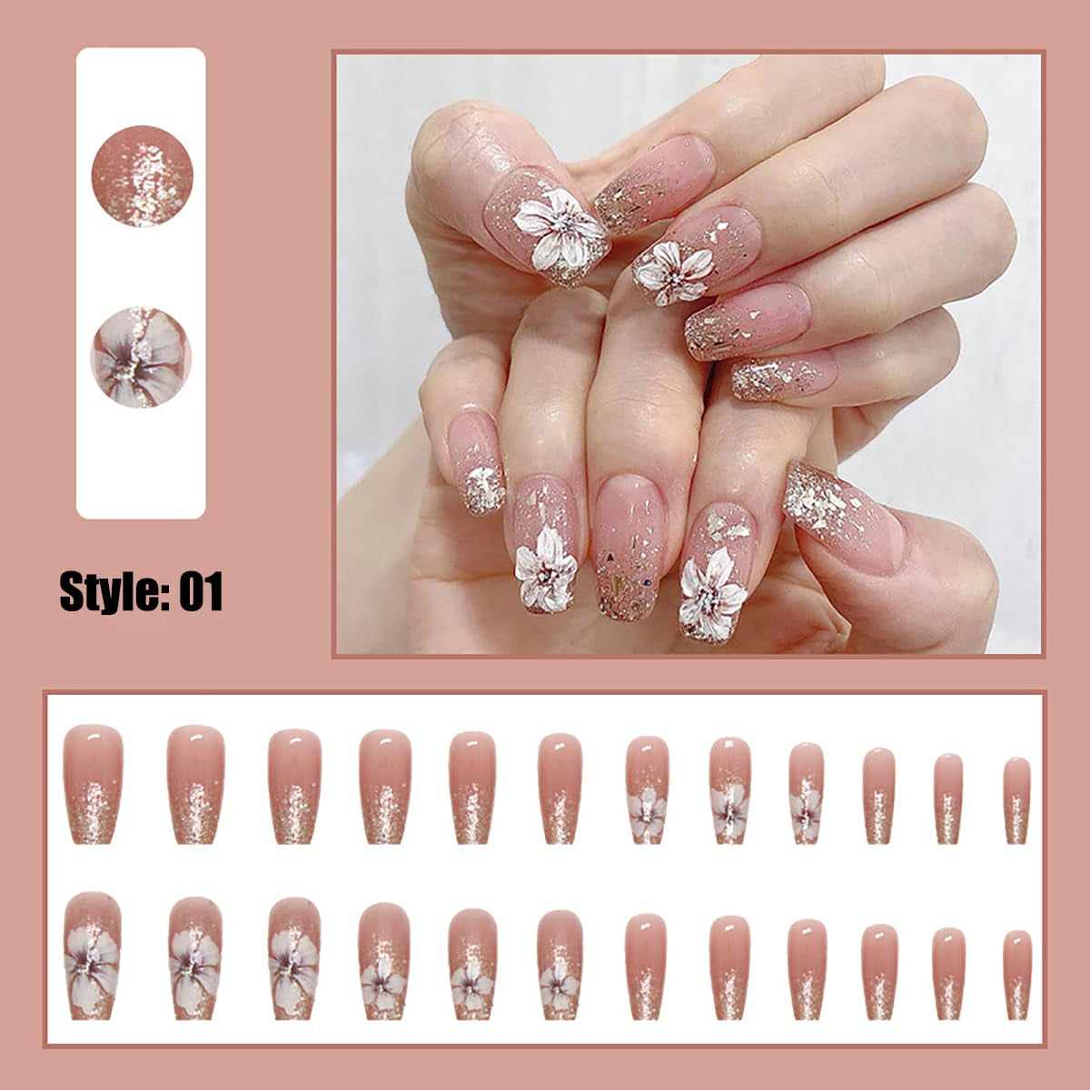 Künstliche Nägel, natürlicher Glitzer, kurzes Aufdrücken, selbstklebende Glitzernägel aus Acryl für Frauen und Mädchen, Nagelkunst-Zubehör, 48 Stück