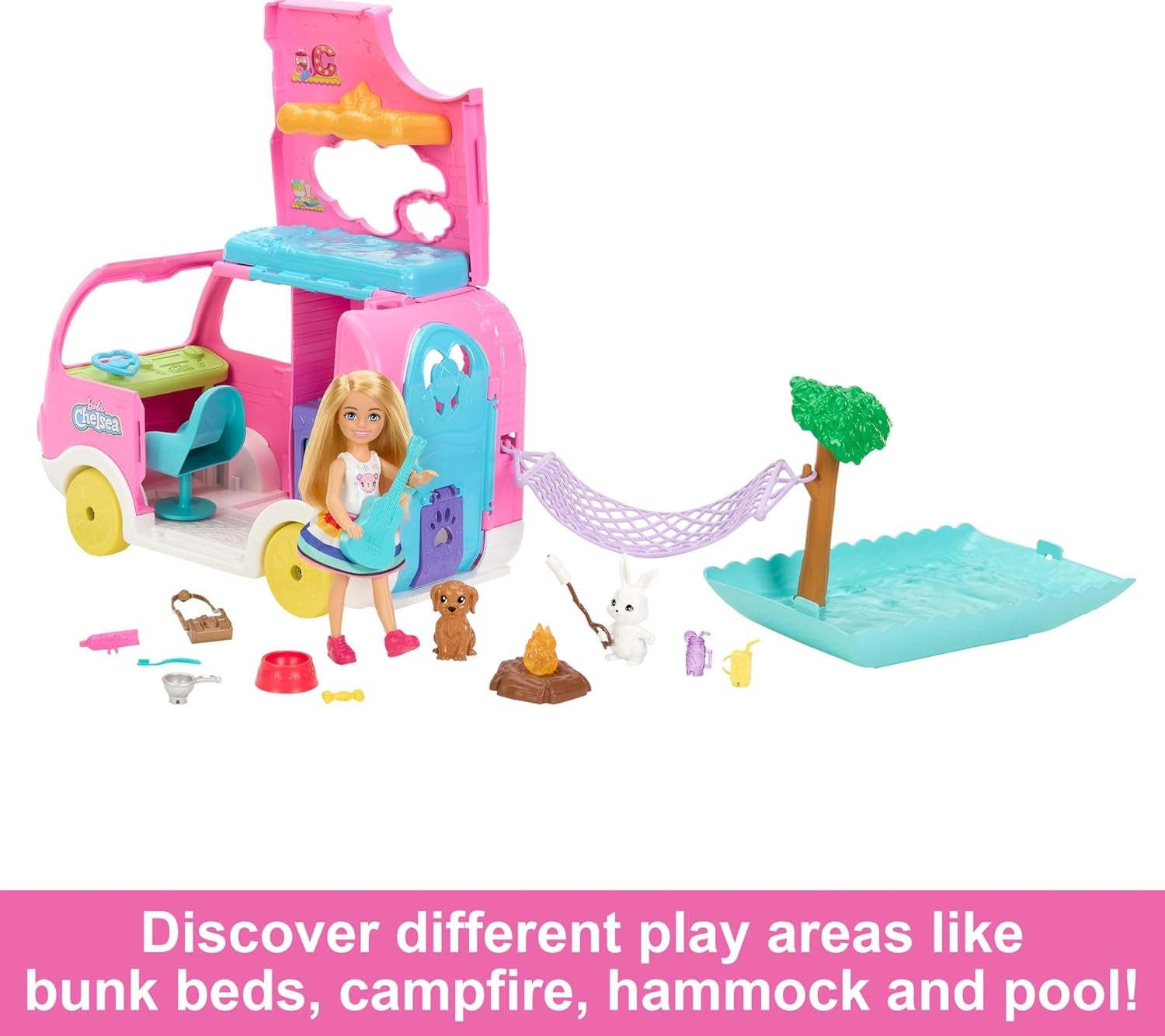 Barbie Chelsea 2-in-1-Wohnwagen – Spielzeugfahrzeug mit Pool, Hängematte und Essbereich für fantasievolles Spielen und Geschichtenerzählen, ab 3 Jahren, HNH90