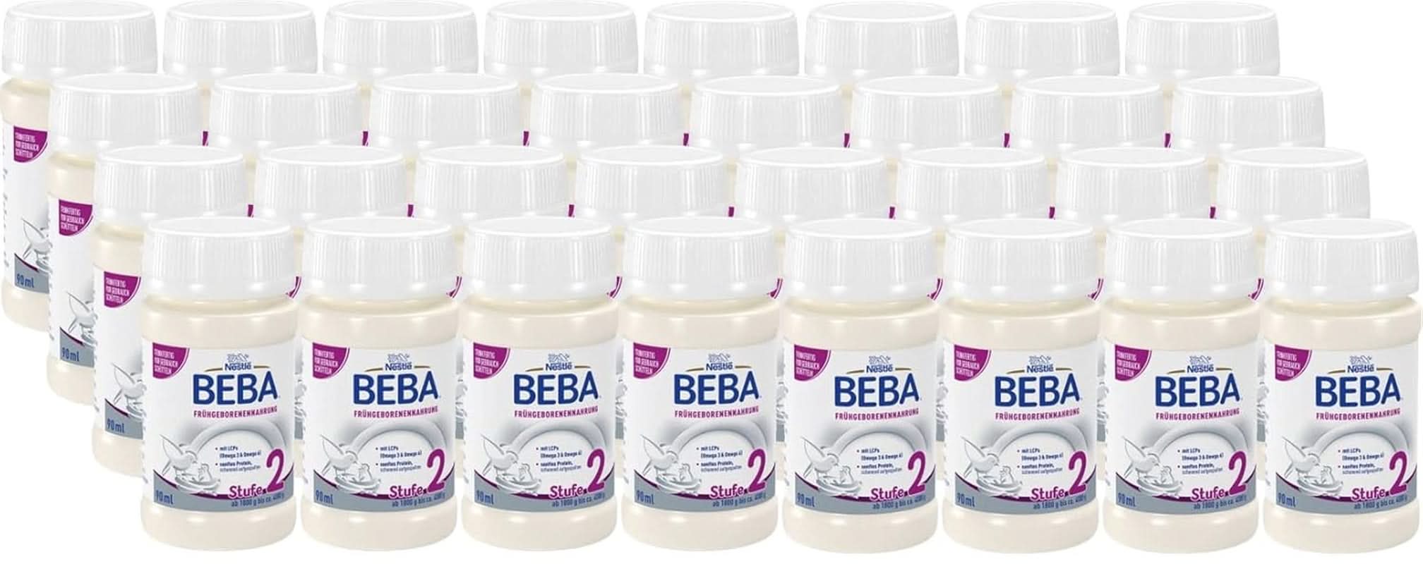 Nahrung für Frühgeborene BEBA Level 2, Spezialnahrung für Frühgeborene und Neugeborene mit geringem Gewicht, trinkfertig, 32er Pack (32 x 90 ml) Naty Shop Set 32 Stück 32 x 90 Gramm