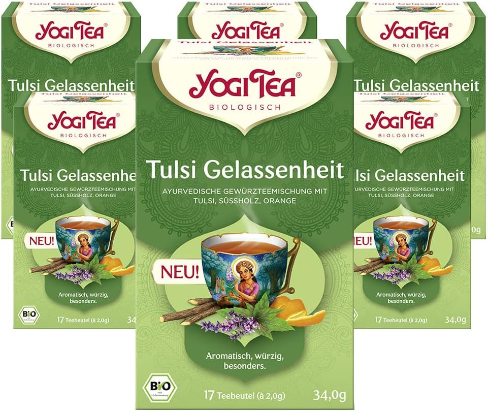 Yogi Tea – Tulsi Serenity, ayurvedischer Kräutertee, koffeinfrei, Tulsi-Mischung – Heiliges Basilikum, Lakritze und Orange, Yogi-Tee, 6er-Pack, 6 x 17 Teebeutel (102 Teebeutel)