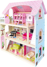 Bino World of Toys Puppenhaus mit Balkon, Spielzeug für Kleinkinder ab 3 Jahren, mit 3 Etagen, Treppen, 4 Zimmern und Balkon inkl. 15-TLG. Zubehör, Zur Förderung der Fähigkeiten von Kindern, Puppenhäuser im rosa Design von Naty Shop