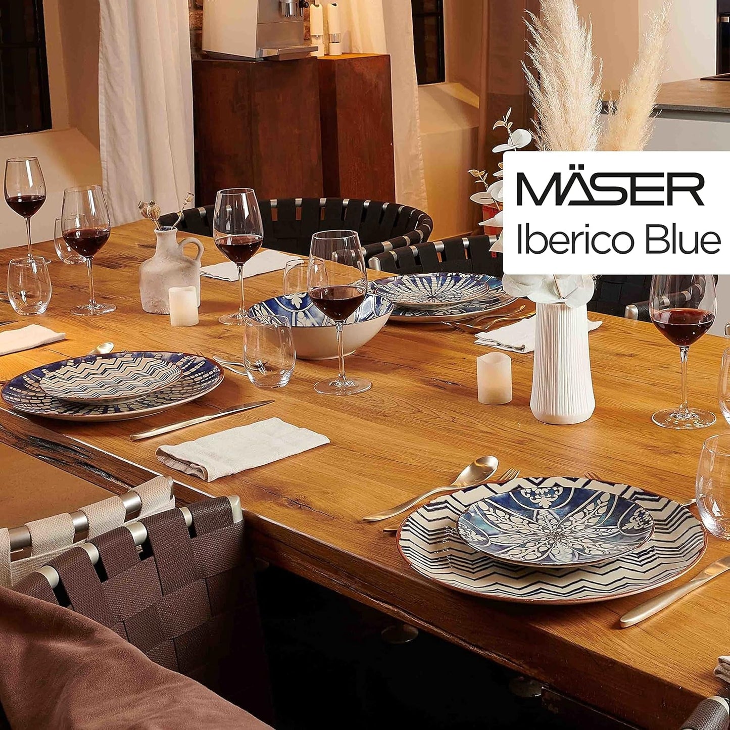 MÄSER 934017 Iberico Blue Tafelservice für 4 Personen, 12-teilig, maurischer Stil, verschiedene Vintage-Designs in Weiß und Blau, Keramik