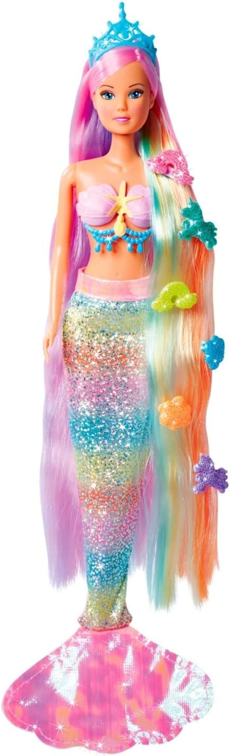 Simba 105733610 - Steffi Love Rainbow Mermaid, Regenbogen-Meerjungfrau-Modepuppe mit bunten Haaren, Haarspangen, Kamm und abnehmbarer Flosse, Spielpuppe 29 cm, ab 3 Jahren